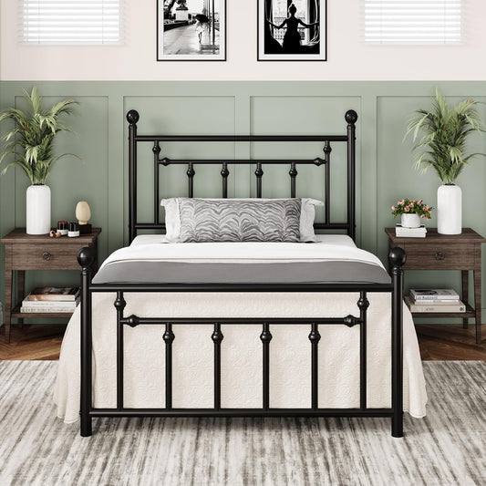 Allewie 14 Inch Twin Size Metal Platform Bed Frame with Victorian Vintage Headboard and Footboard/Mattress Foundation/Under Bed Storage/No Box Spring Needed/Easy Assembly/Noise Free/Black