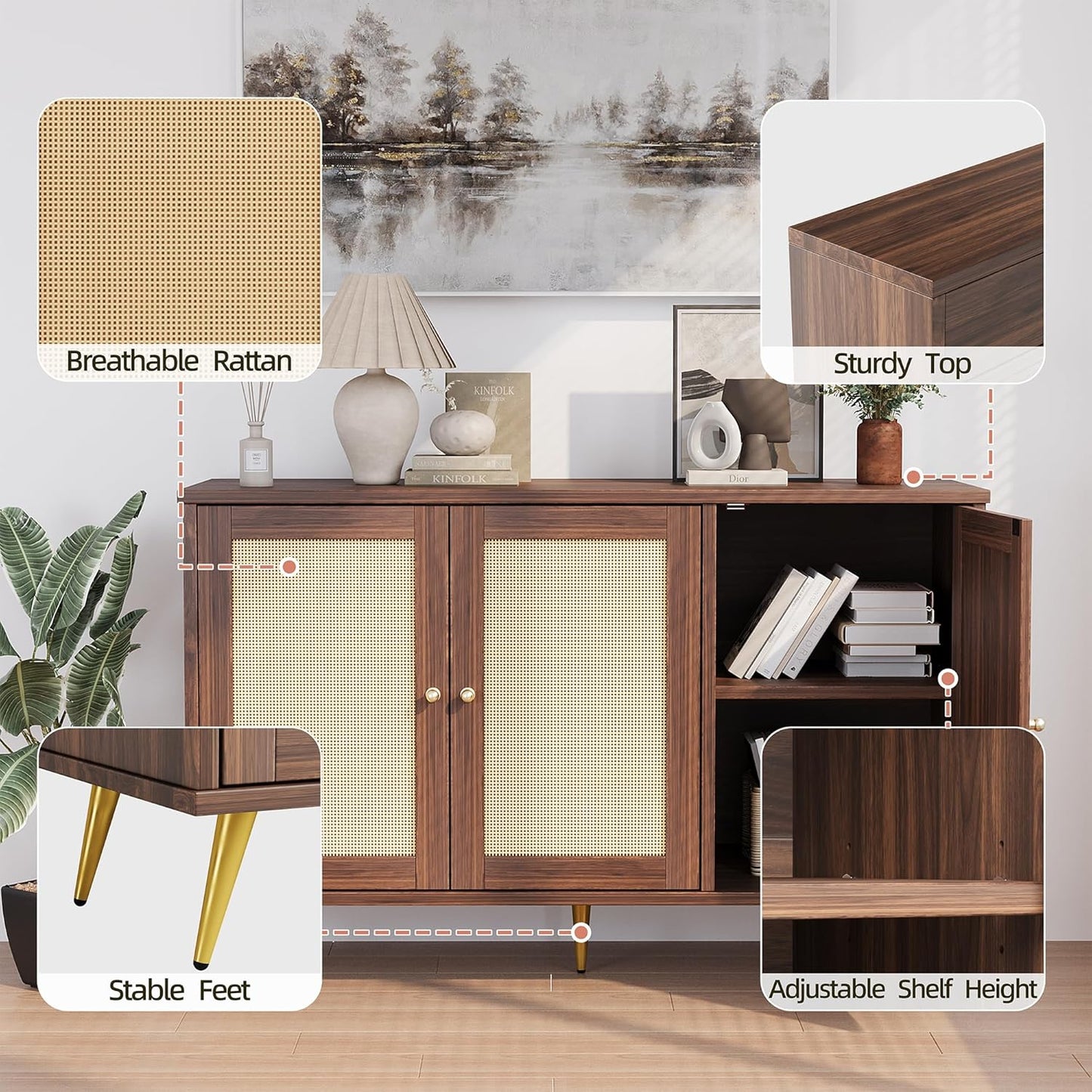 Shintenchi Large Rattan Storage Cabinet, Modern Sideboard Cabinet, Accent Large Storage Space Cabinet with Rattan Decorated Doors for Living Room, Dining Room, Brown