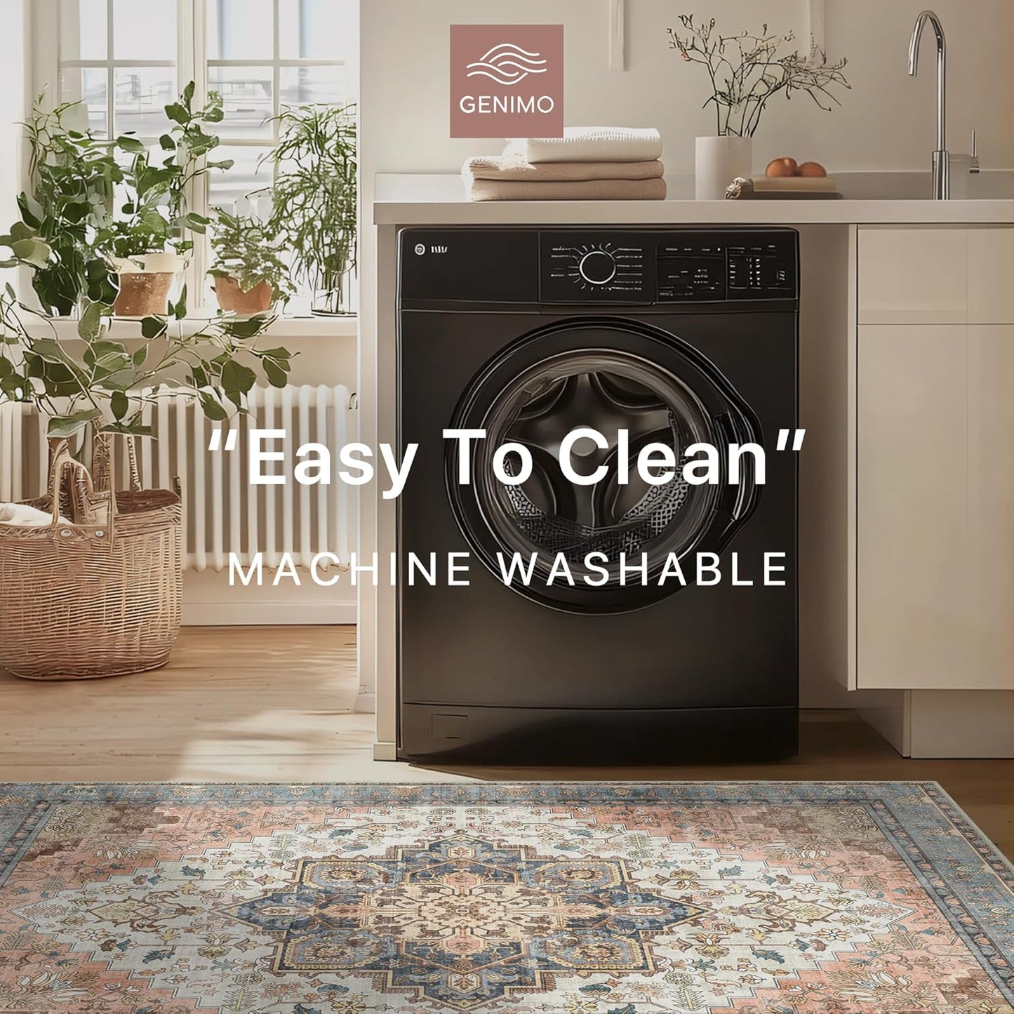 GENIMO 5x8 Area Rugs for Living Room, Machine Washable Low Pile Rugs, Chenille Non Alip Vintage Rug for Bedroom, Dining Room, Home Office, Blue Brick Red