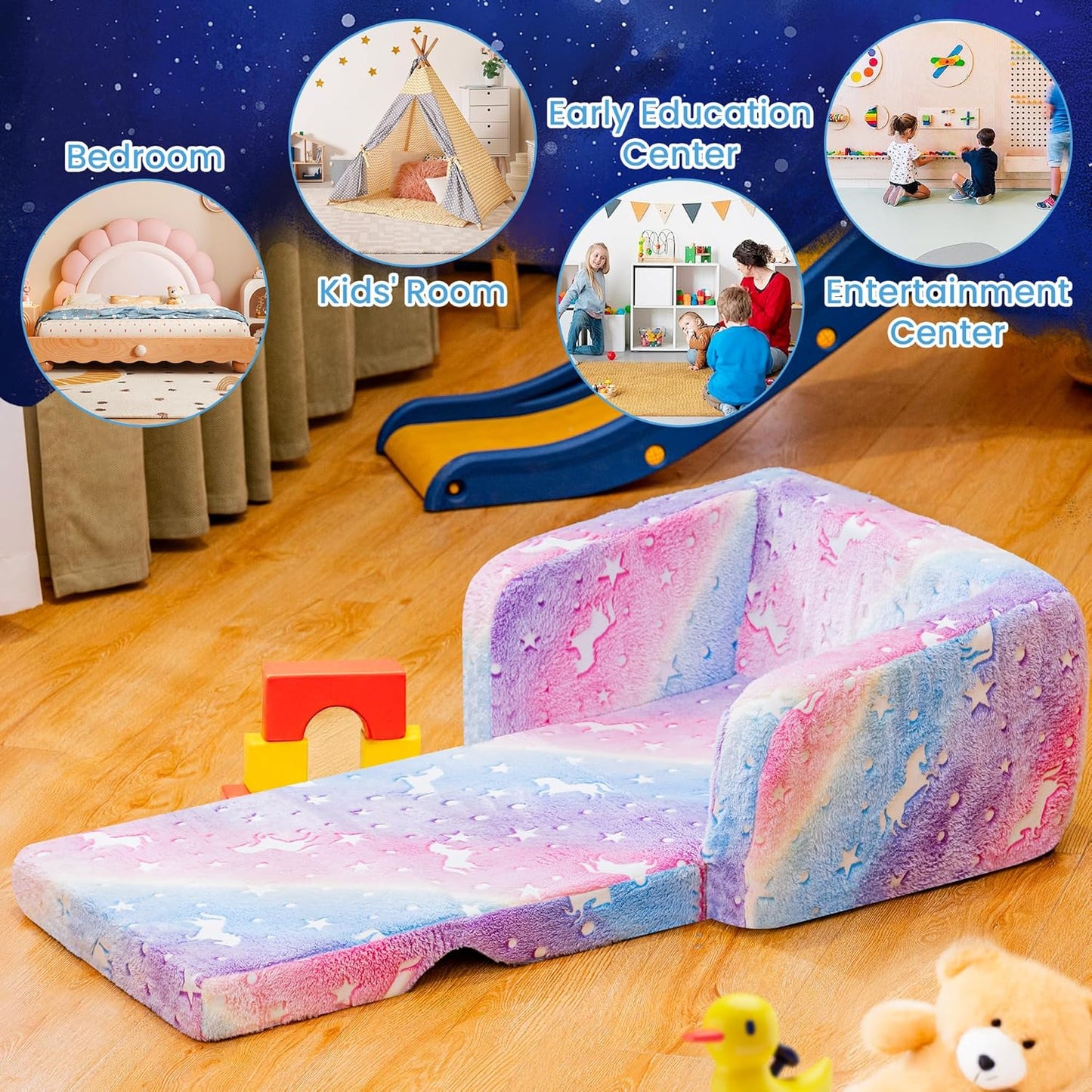 Lamerge 2-in-1 Soft Toddler Couch Fold Out,Foldable Toddler Chair, Glow in The Dark Kids Sofa for playroom,Convertible Foam and Floor Cushion for Boys and Girls (Rainbow and Unicorn)