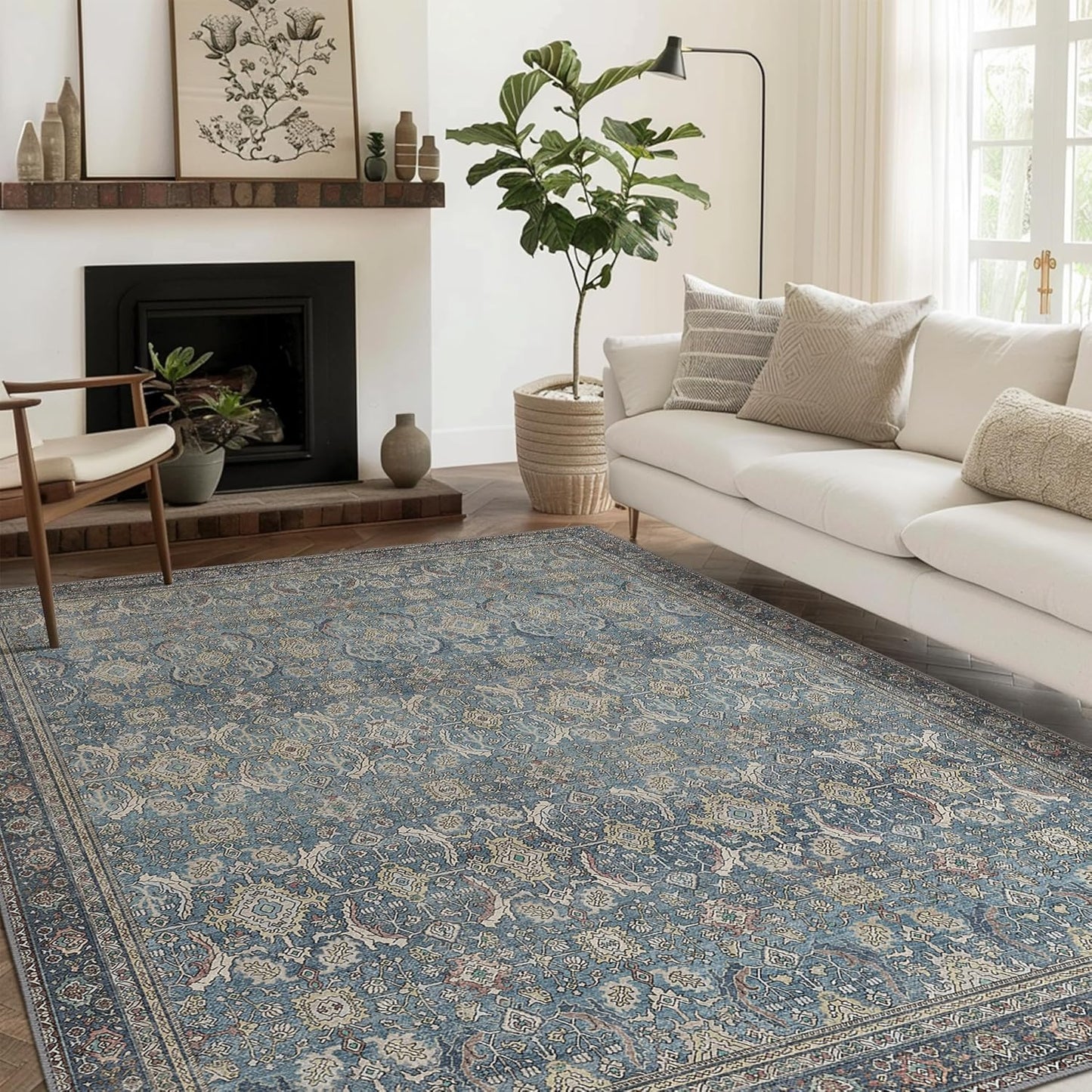 9X12 Area Rugs Machine Washable Rugs for Living Room, Vintage Boho Large Rugs for Bedroom Dining Room, Non Slip Indoor Soft Distressed Lightweight Thin Low Pile Carpet, Vintage Blue