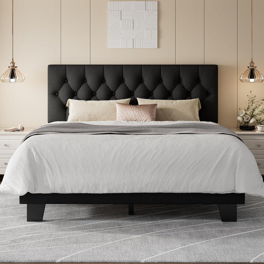 Feonase Queen Platform Bed Frame with Button Tufted Headboard, Upholstered Linen Bed with Wooden Slats Support, No Box Spring Needed, Easy Assembly, Noise-Free, Black