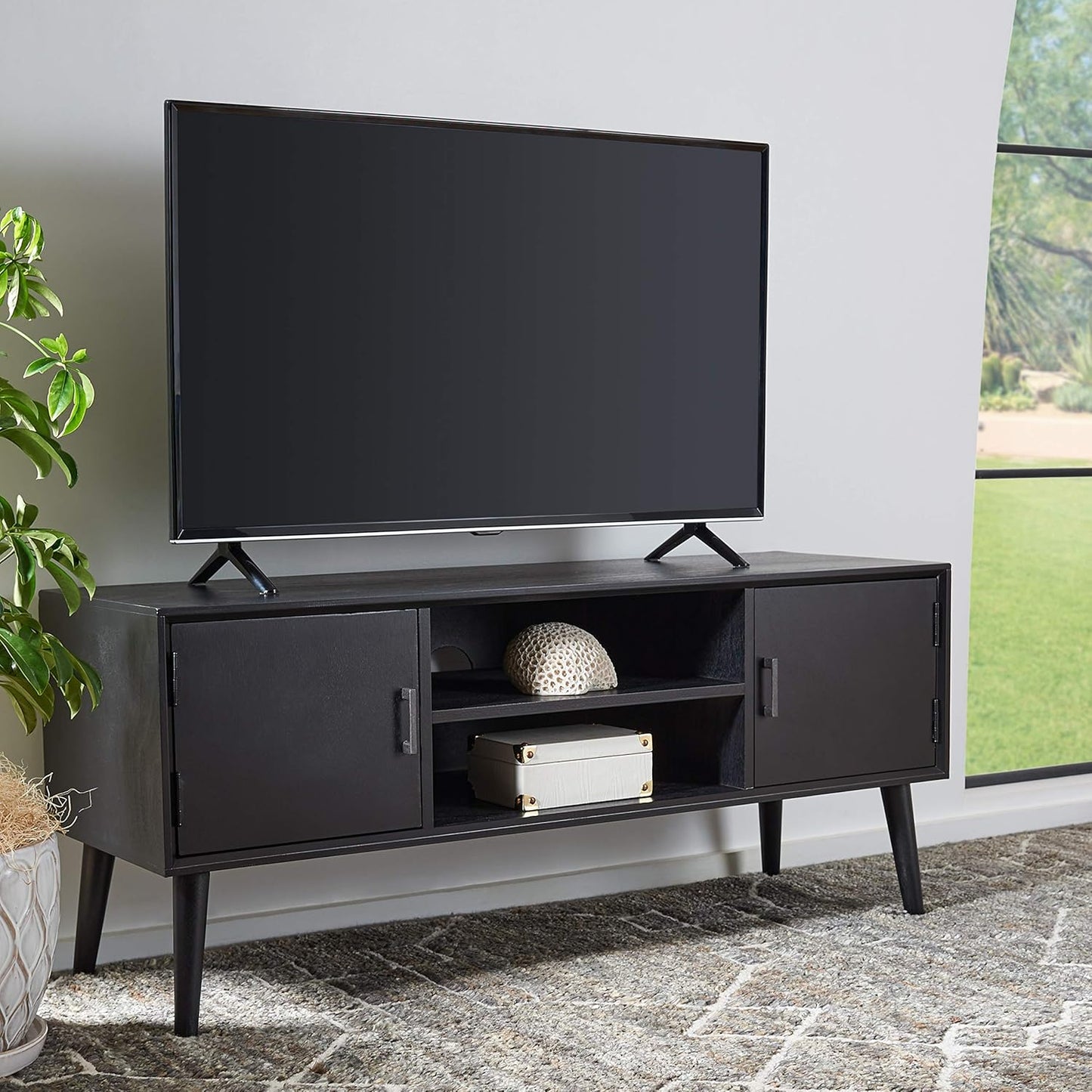 SAFAVIEH Sorrel TV Stand for up to 55" Flatscreen – Black, 2 Doors with Interior Storage, 2 Open Shelves, Entertainment Media Console (MED5701B)