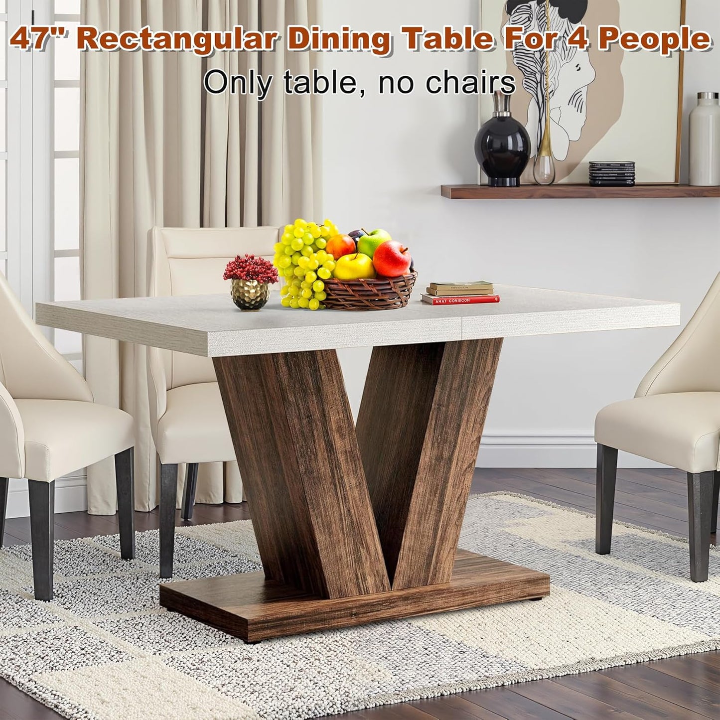 47 Inch Dining Table for 4, Farmhouse Dinner Table Wooden Kitchen Tables with Heavy Duty Pedestal for Dining Room, Kitchen, Living Room, White & Black