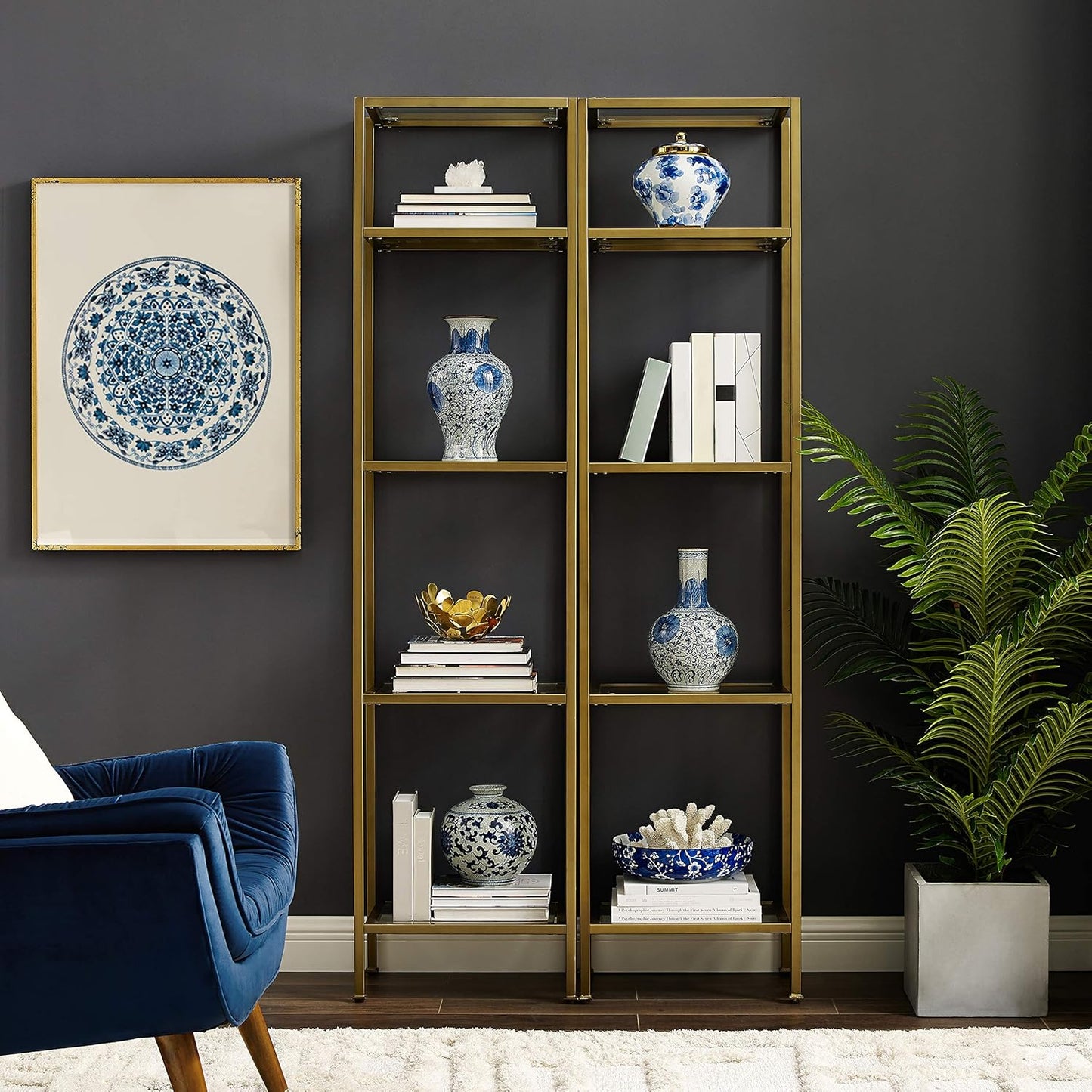 Crosley Furniture Aimee 2-Piece Bookshelf Set with Glass Shelves, Bookcase Storage, Gold and Glass