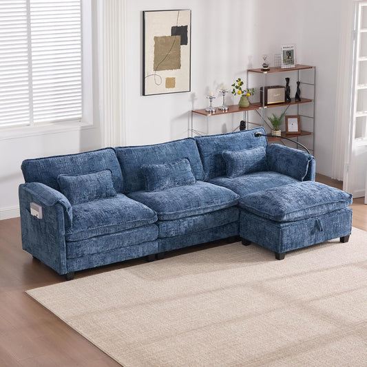 Ball & Cast Modular Sectional Sofa,L Shaped Couch with Movable Storage Ottoman,Chenille Upholstered Sofa W/USB Charging Port,Phone Holder and Side Pocket,for Living Room,Apartment,Navy,109"