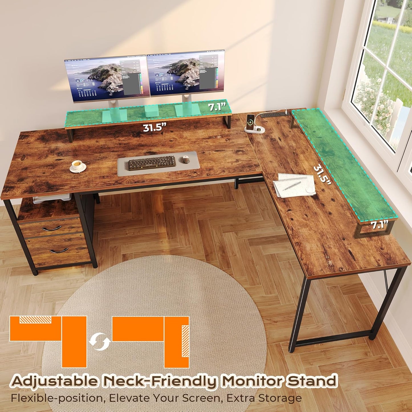 PRAISUN 63 Inch L Shaped Desk with Power Outlets and USB-C Port, Computer Corner Home Office Desk with File Fabric Drawers and Movable Monitor Stand, Larger Storage, Gaming, Writing, Rustic Brown