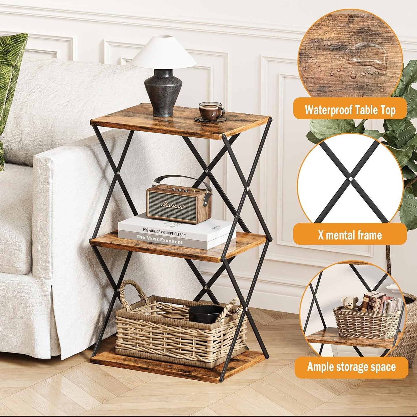 3-Tier End Table Set of 2 Small Side Table Tall Bedside Night Stand with Storage Sofa Side desks for Living Room Bedroom Office Bathroom Small Space Rustic Brown ET-03RB-2