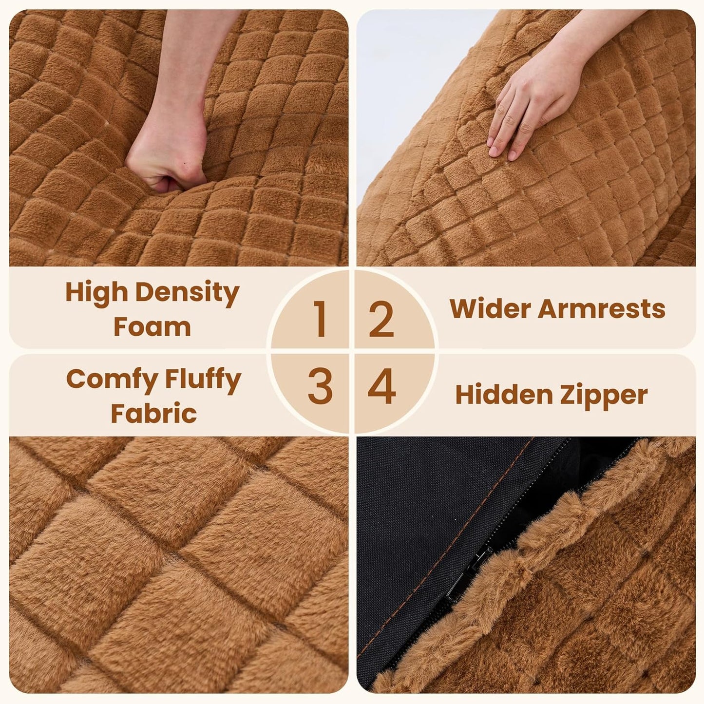 Bean Bag Chairs for Adults, Giant Beanbag Sofa Comfy Reading Chair, Oversized Bean Bag Chairs for Living Room Bedroom, Soft Faux Fur Fabric, 3.2FT, Khaki, Checkered