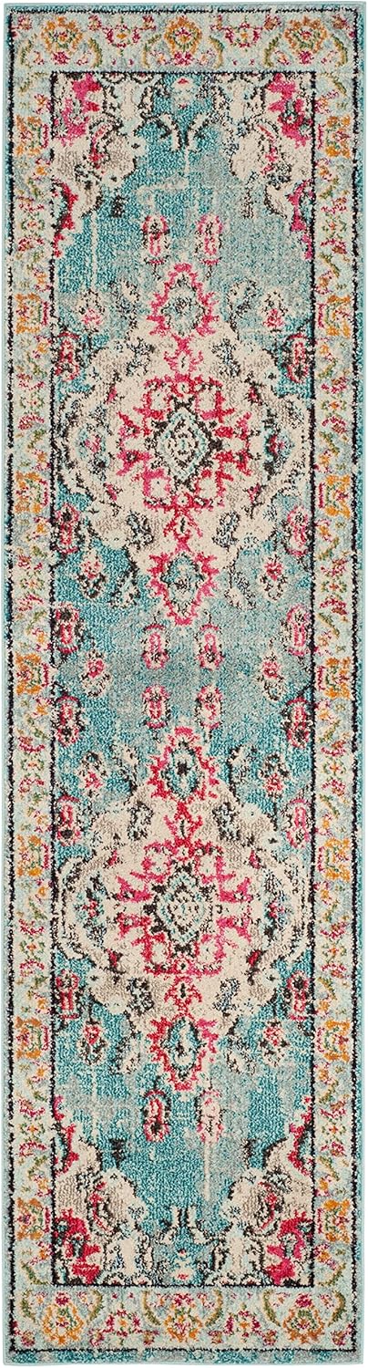 SAFAVIEH Monaco Collection Runner Rug - 2'2" x 10', Light Blue & Fuchsia, Medallion Distressed Design, Non-Shedding & Easy Care, Ideal for High Traffic Areas in Living Room, Bedroom (MNC243J)