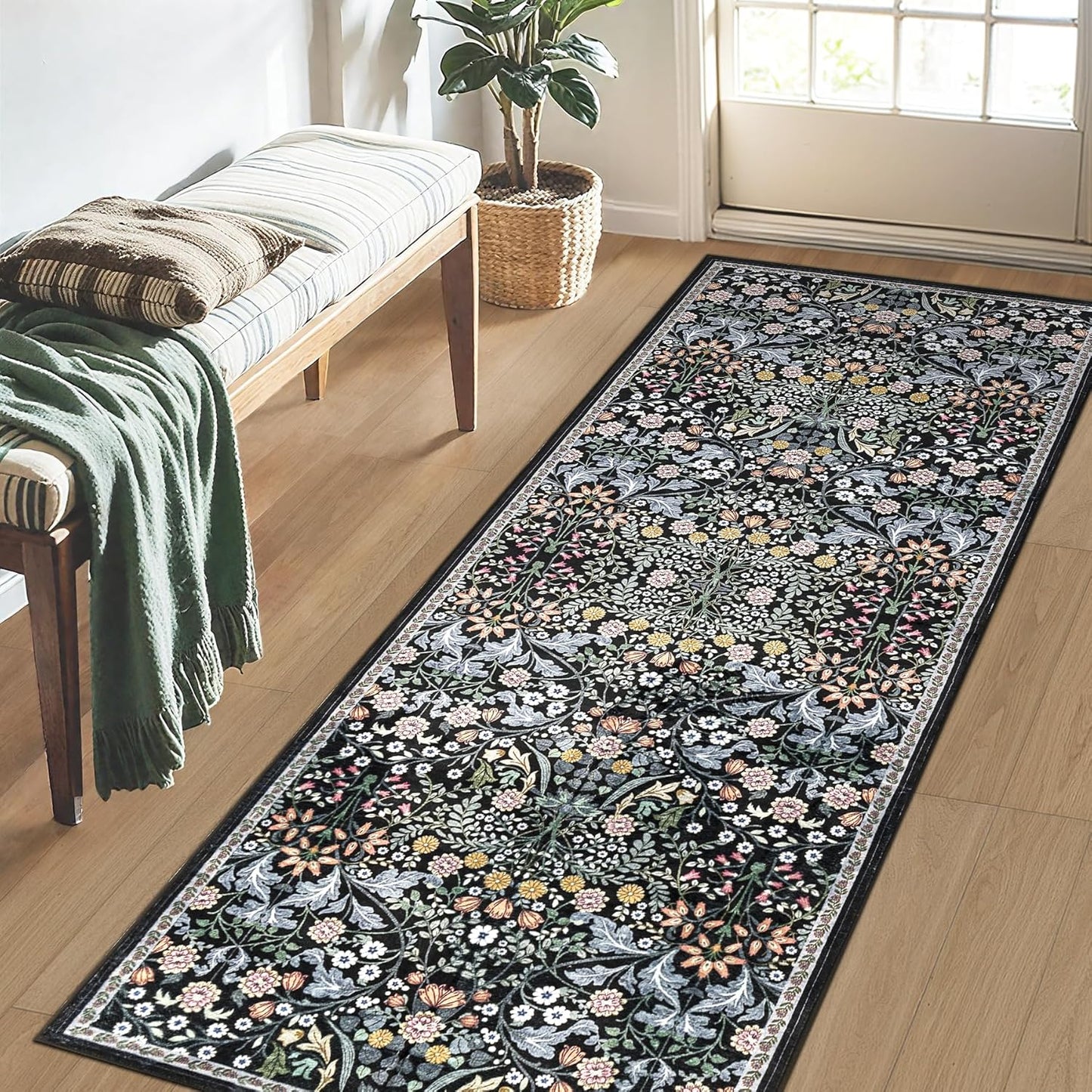 Runner Rug for Entryway: 2x6 Kitchen Rugs Non Slip Washable Ultra-Thin Soft Floral Carpet Indoor Stain Resistant Carpets for Hallway Bedroom Kitchen Laundry Bathroom Dorm Dark Black