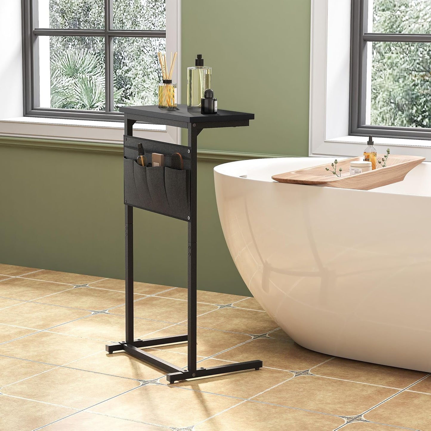 C Shaped End Table, Side Table for Sofa, Small TV Tray, Couch Table with Storage Bag for Small Space, Living Room, Bedroom, Home Office LET501B (Black)