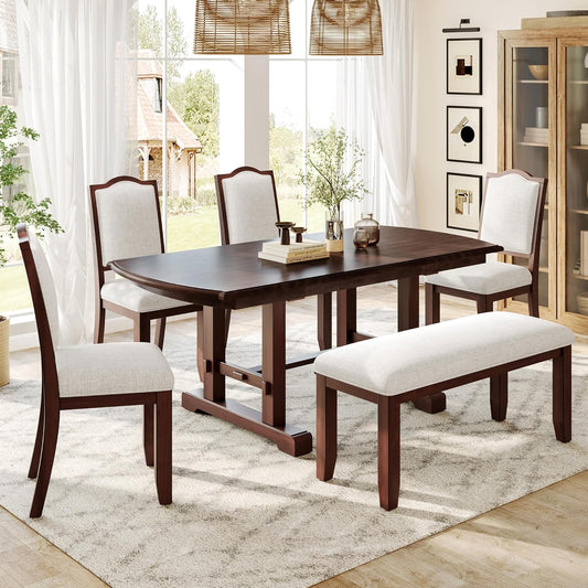 Ball & Cast Dining Table Set for 6,60" to 78" Extendable Wood Dining Table with Removable Leaf,6-Piece Kitchen Table Set W/ 4 Upholstered Chair and 1 Bench,for Dining Room,Kitchen,Restaurant,Cherry