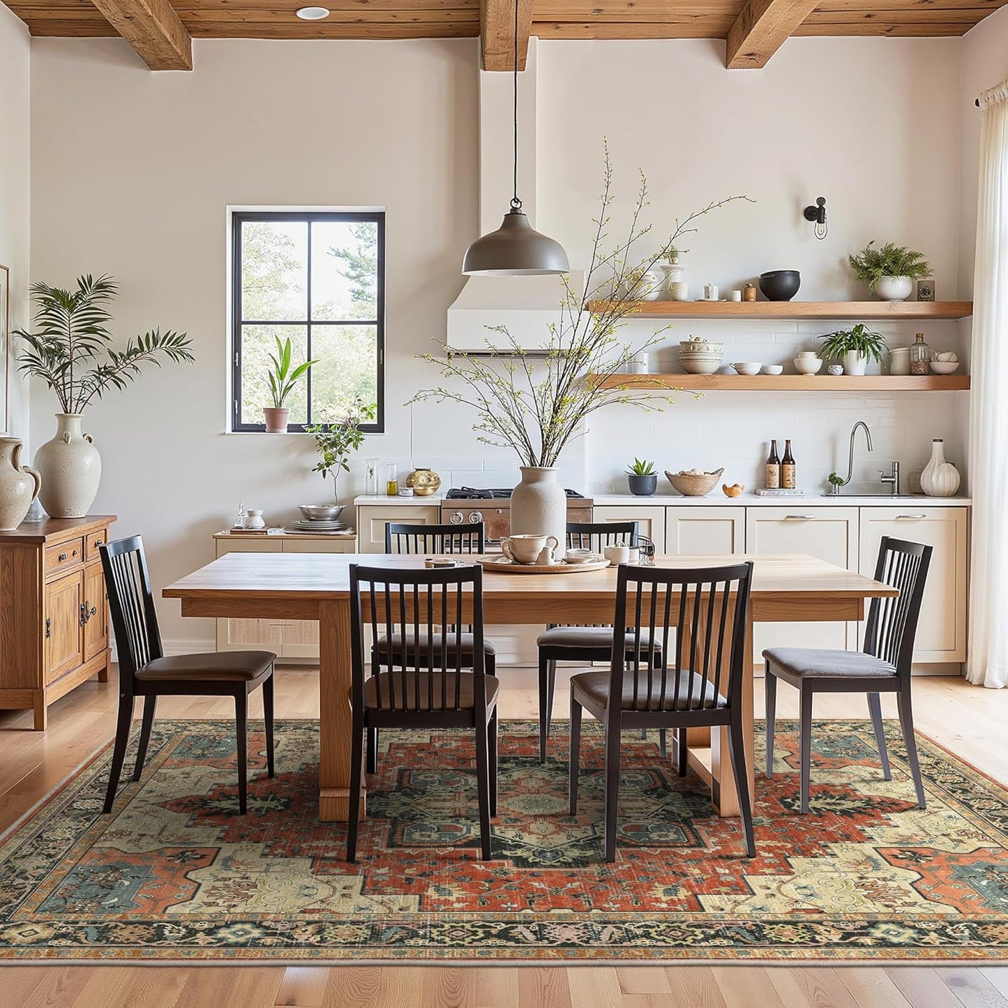 GENIMO 8x10 Area Rugs for Living Room, Machine Washable Non Slip Vintage Rugs, Low Pile Lightweight Chenille Print Rug for Bedroom, Dining Room, Home Office,Desert Ember