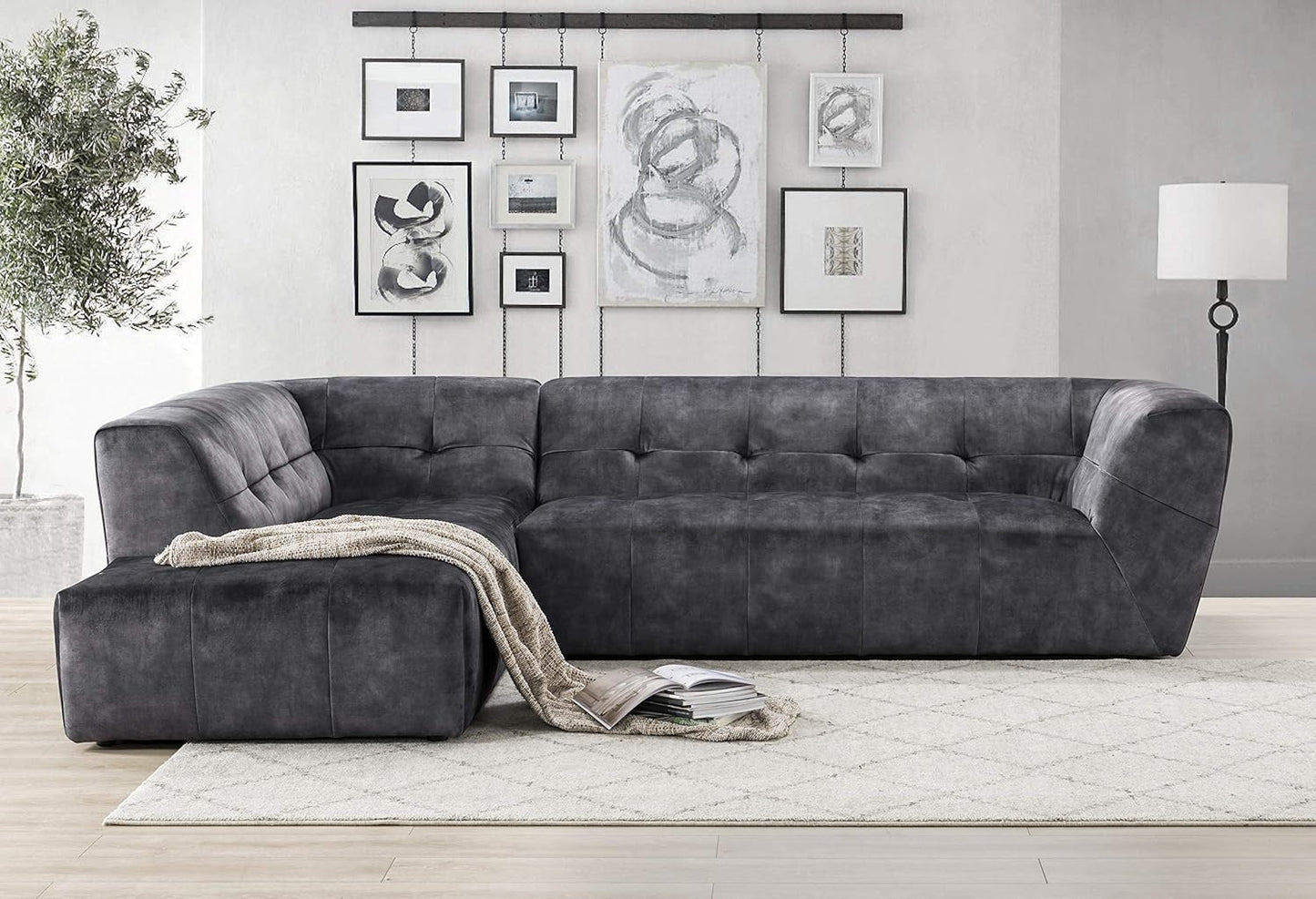 Acanva Luxury Mid-Century Velvet Tufted Low Back Sofa Set L-Shape 2-Piece Living Room Couch, 113"W Left Hand Facing Sectional, Grey