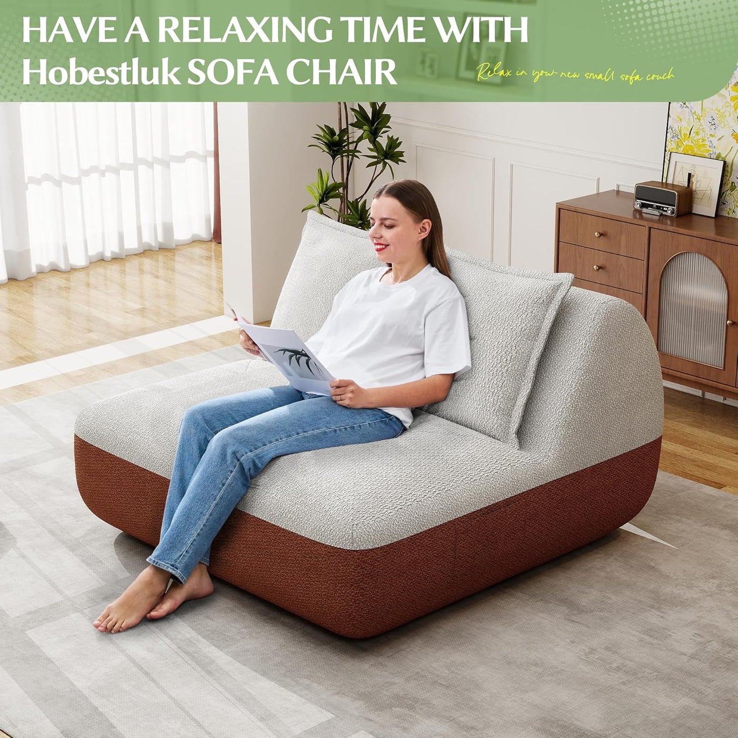 Hobestluk Small Sofa Couch Lounge Sofa Chair for Living Room, Comfy Memory Foam Couch, Mini Sofa with Side Pocket for Living Room, Bedroom (Terracotta+Beige)