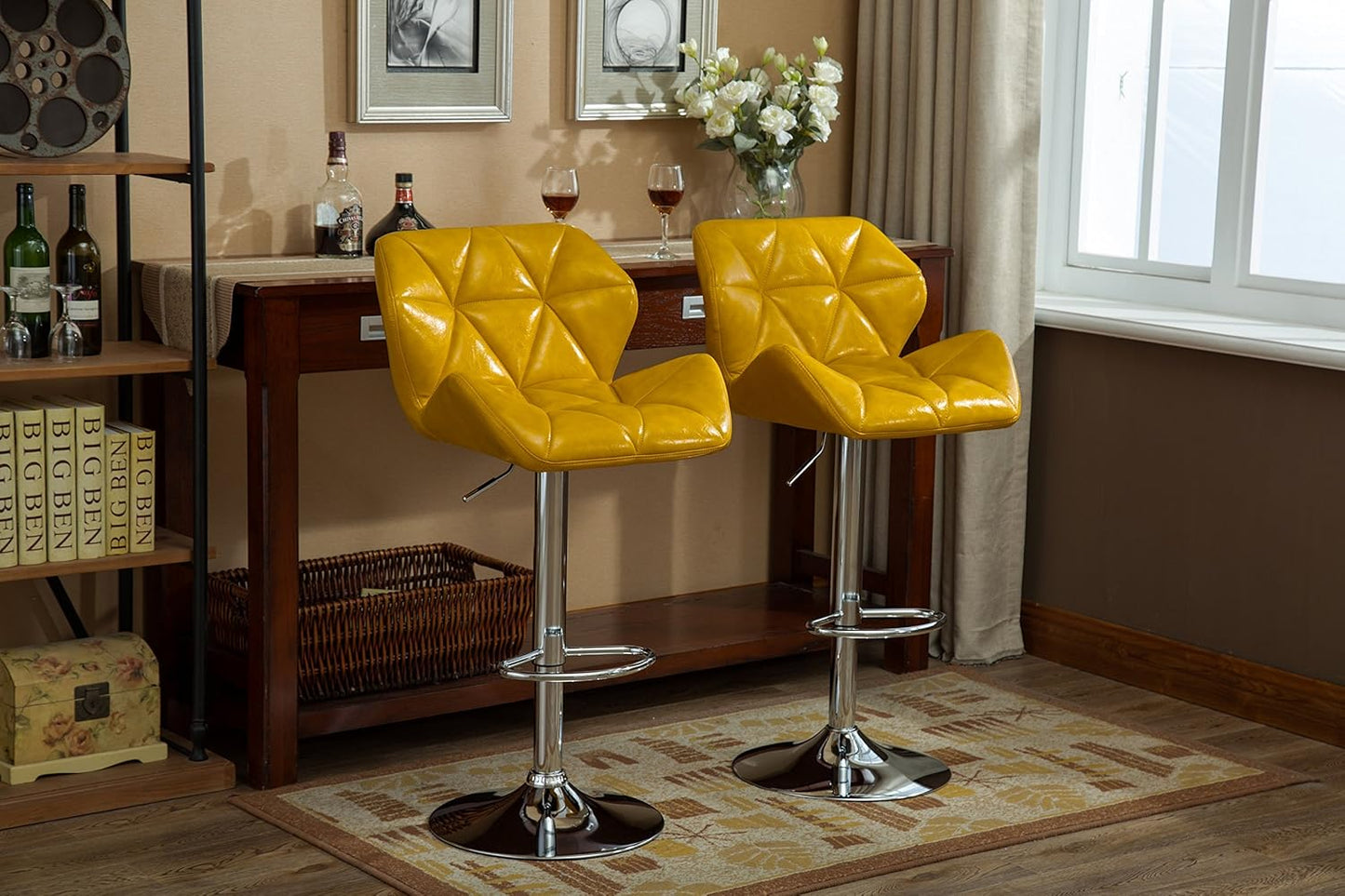 Roundhill Furniture Glasgow Contemporary Tufted Adjustable Height Hydraulic Yellow Bar Stools, Set of 2,