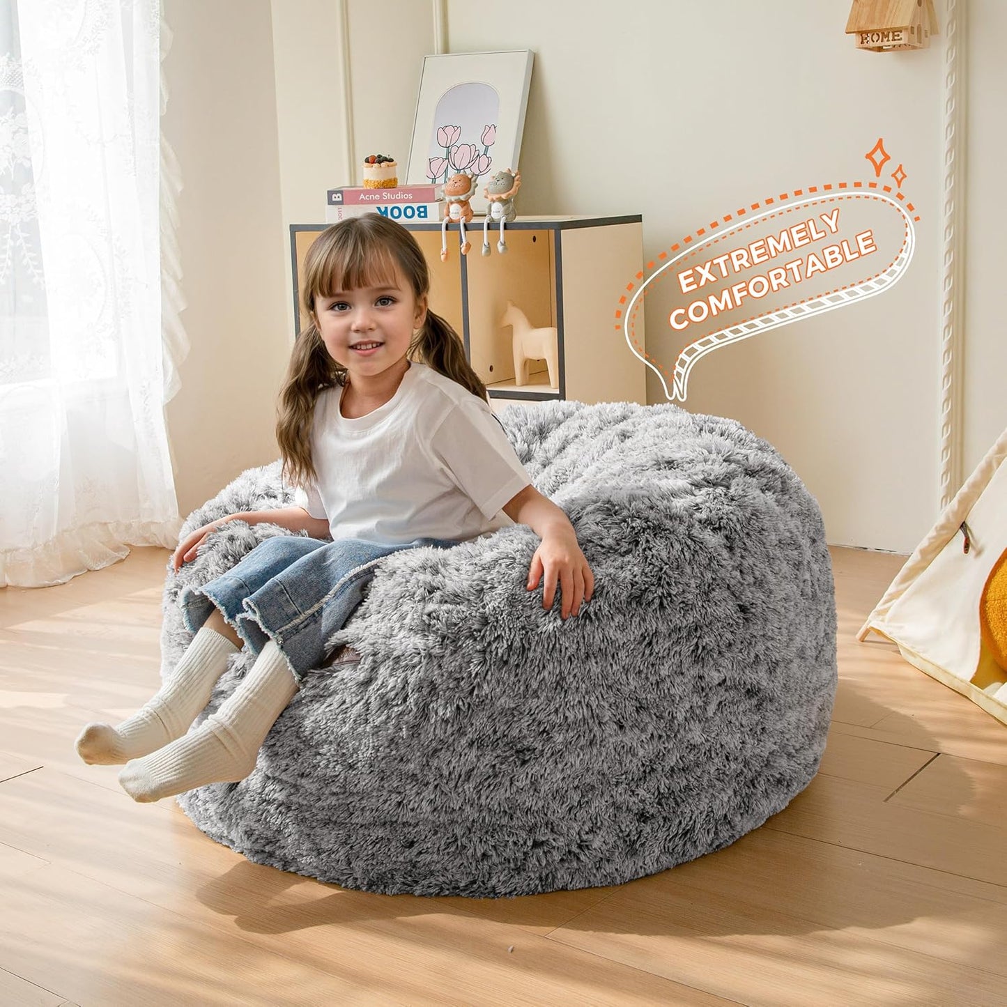 MAXYOYO Kids Bean Bag Chair, Stuffed Faux Fur Bean Bag for Toddler, Ultra Soft Floor Sofa with High-Density Foam Filling, Lazy Chair for Living Room, Playroom, Nursery Room