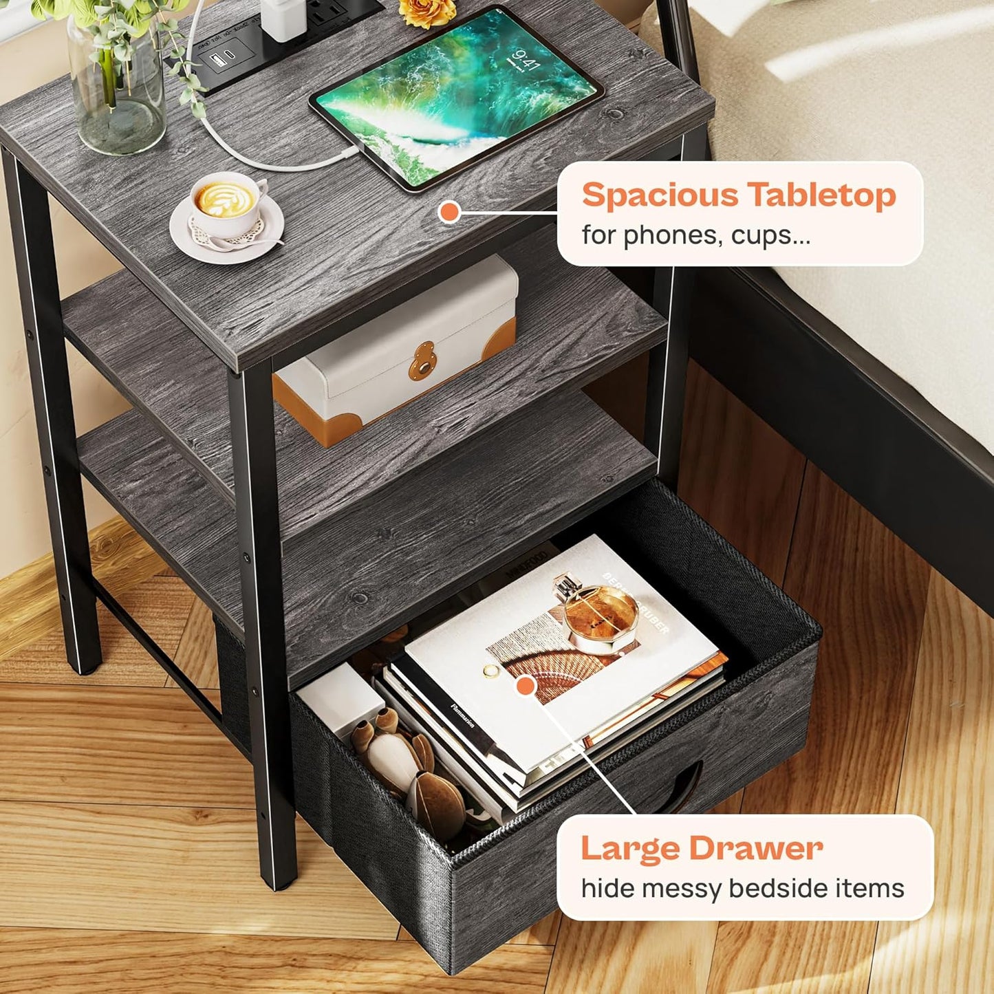 SUPERJARE Nightstand with Charging Station, Bed Side Table with Adjustable Fabric Drawer, Night Stand for Bedroom, 3-Tier Storage End Table, for Living Room, Grey