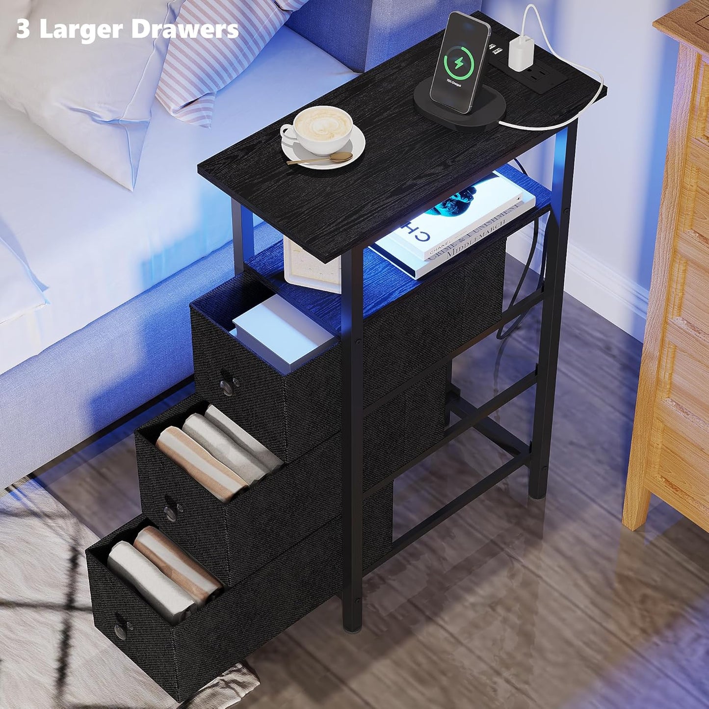 End Table with Charging Station, Narrow Side Table with 3 Fabric Drawers, Skinny Nightstand with LED Light, Slim Bedside Table for Bedroom, Living Room, Small Spaces, Black