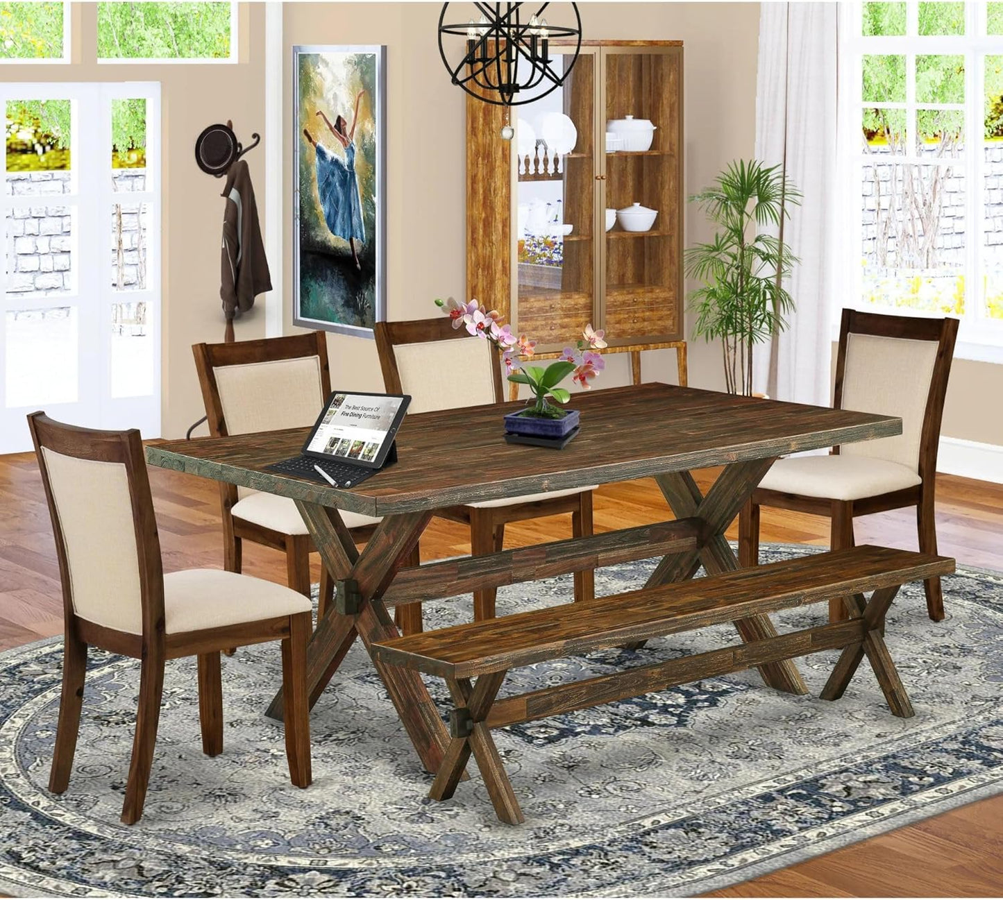 East West Furniture X777MZN32-6 6 Piece Dining Table Set Contains a Rectangle Kitchen Table with X-Legs and 4 Light Beige Linen Fabric Parson Chairs with a Bench, 40x72 Inch, Multi-Color