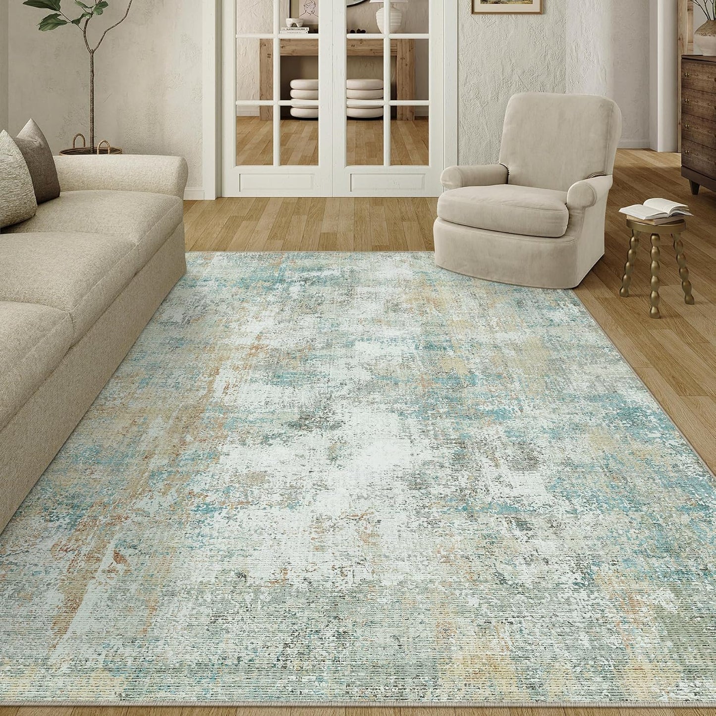 5x7 Washable Area Rug Teal Beige Modern Neutral Abstract Living Room Bedroom Indoor Floor Carpet Low Pile Soft Non-Slip Lightweight Vacuumable Throw Rug for Kitchen Nursery Dining Room