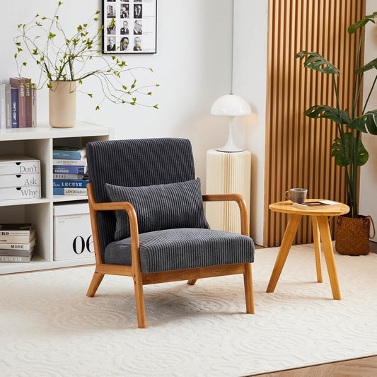 Ball & Cast Living Room Chair with Pillow,Mid-Century Modern Armchair w/Solid Wood Frame & Extra-Thick Backrest,Upholstered Reading Accent Chair for Bedroom,Dark Grey