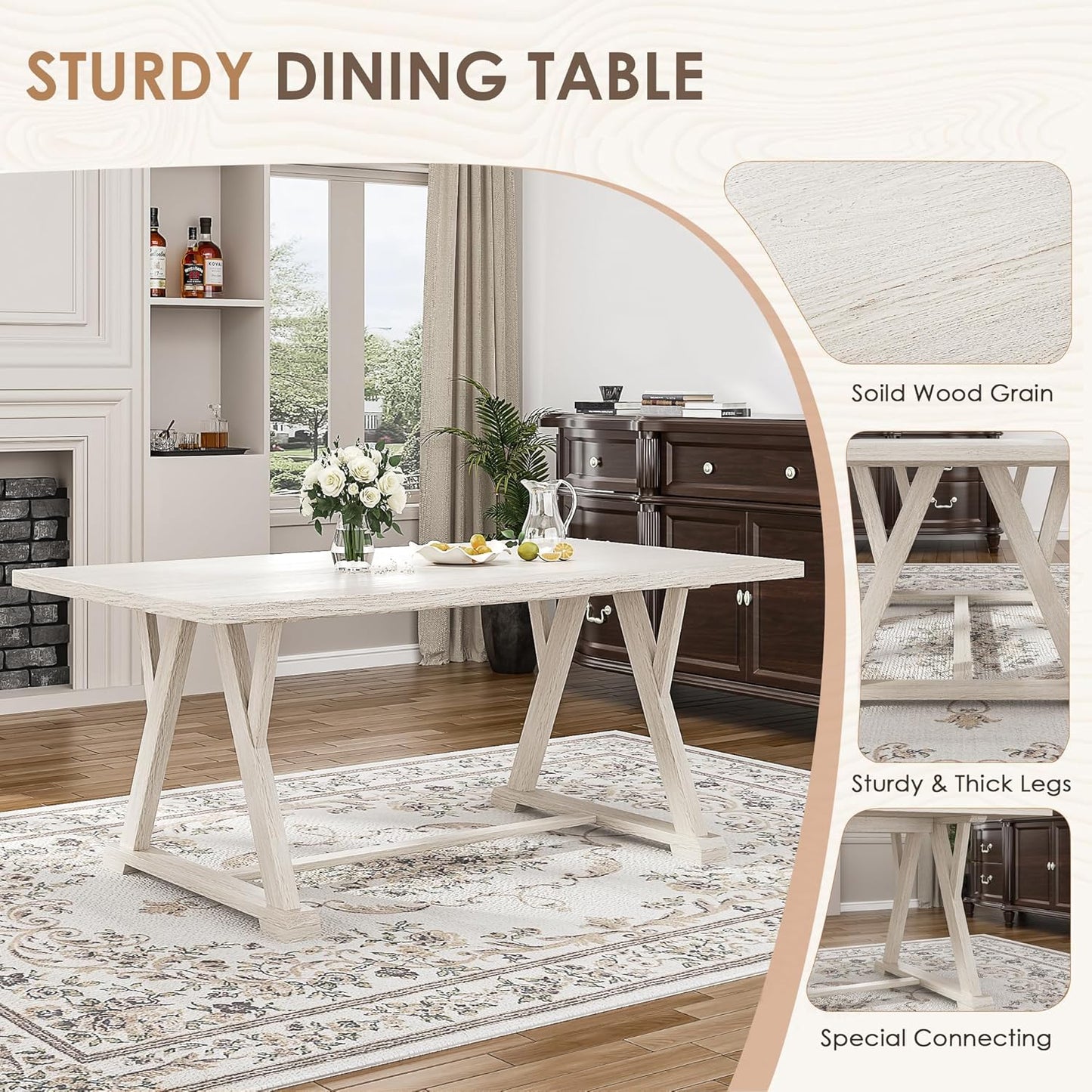 7-Piece Solid Wood Dining Table Set with 6 Upholstered Chairs - Modern Design for Kitchen & Small Spaces, for Dining Room, Kitchen, Washed Gray