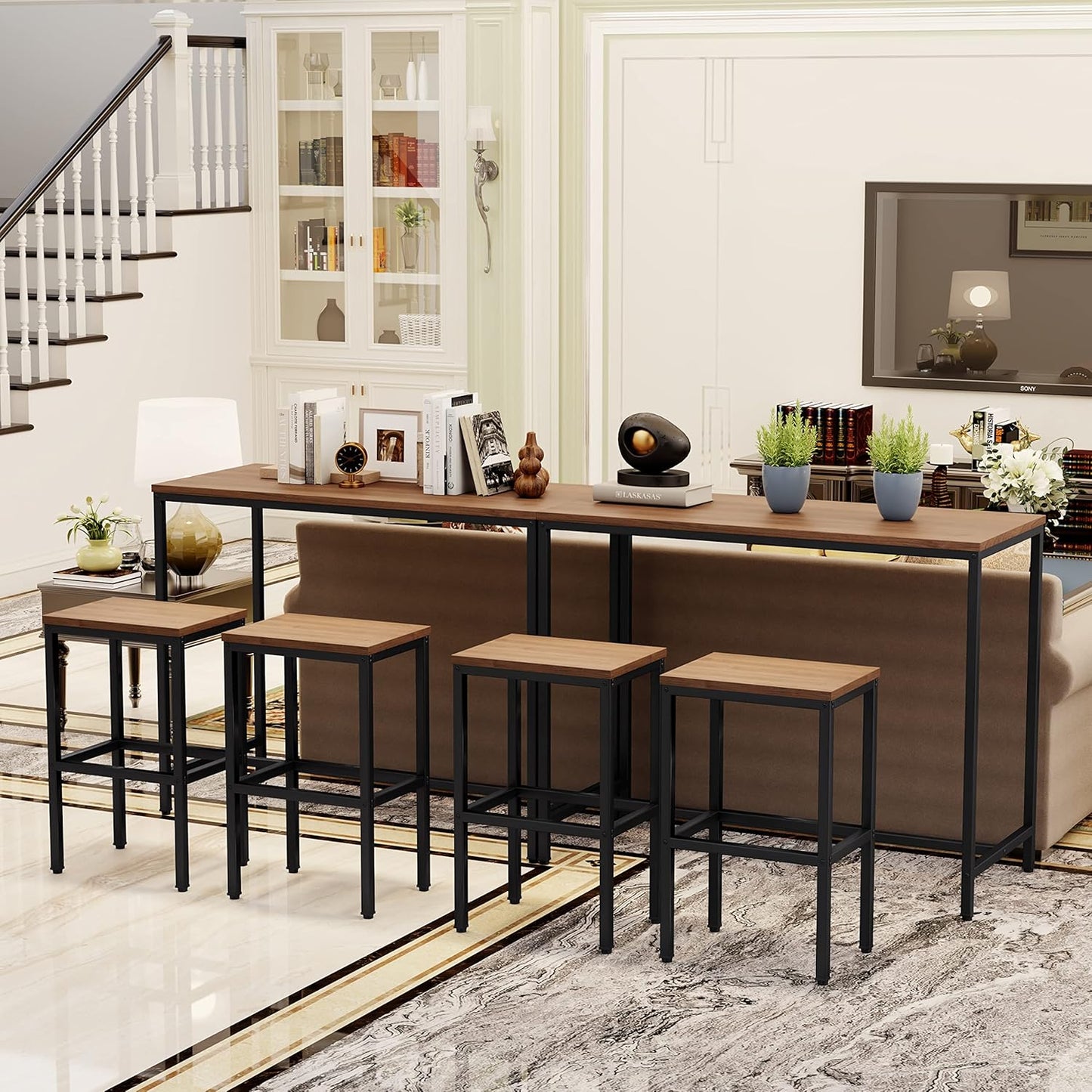 Aklaus Bar Table and Chairs Set 44" Dining Table Set Pub Bar Table with 2 Stools 3-Piece Kitchen Breakfast Table Set for Living Room Dining Room Sturdy Metal FrameBrown