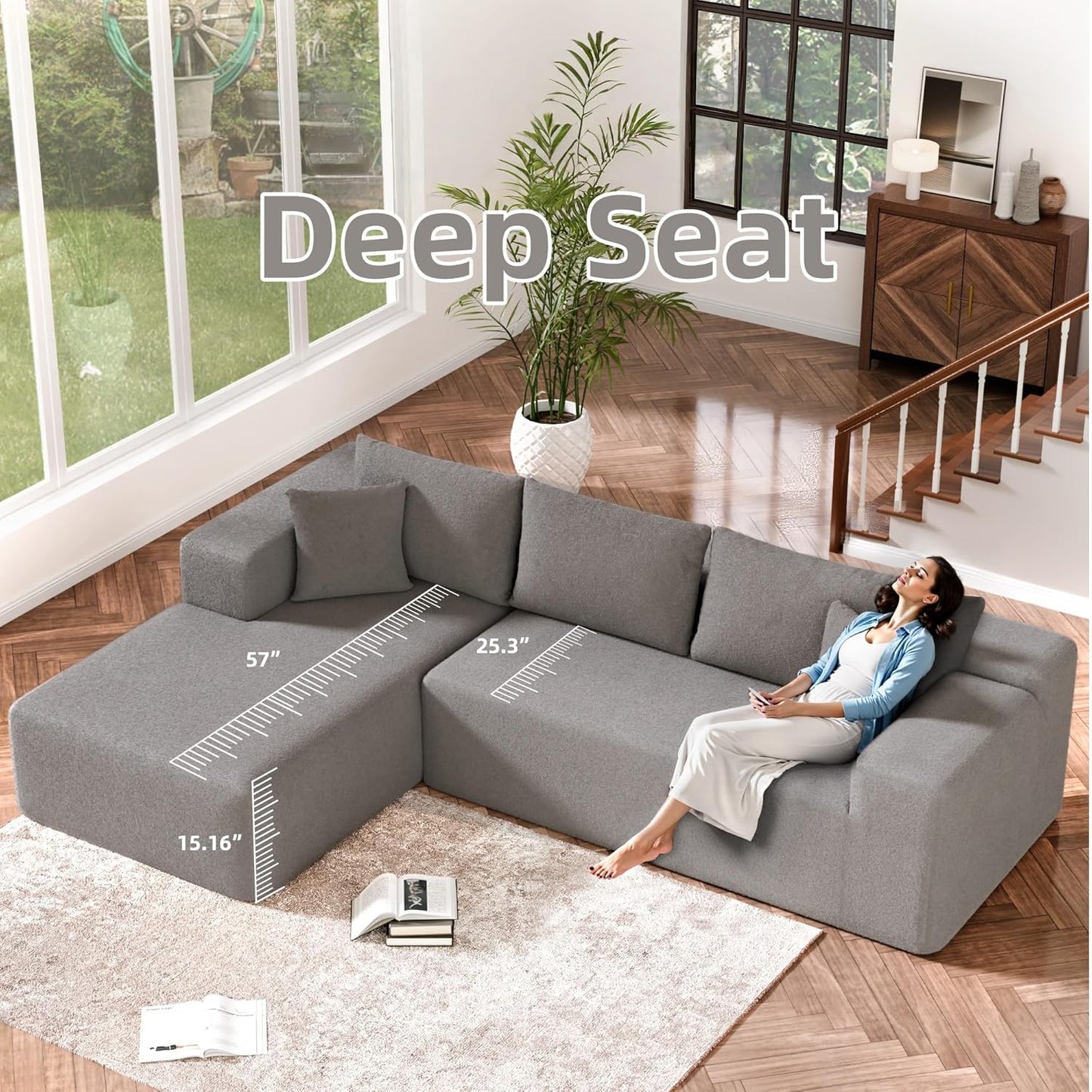 Cloud Sectional Couch, 104”L-Shape Oversized Sofa with Right Chaise Lounge, Modular Sleeper Couch with Pillows & Deep Seat, Rain Drop Velvet Fabric Compressed Sofa for Living Room, Light Gray