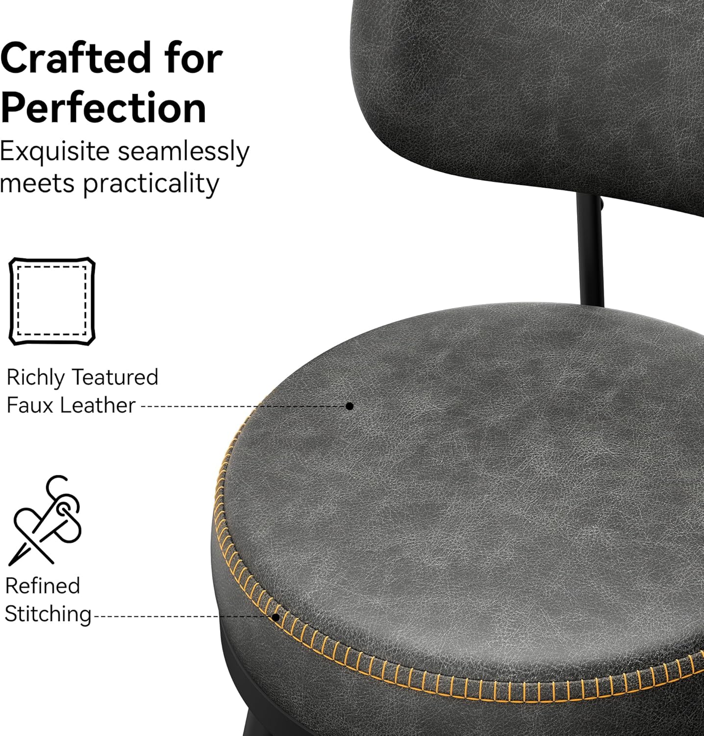 Counter Height Bar Stools, 26" H Swivel Barstools Set of 6, Faux Leather Kitchen Counter Stools with Back and Stylish Stitching, Metal Frame, Pub, Home Bar, Black Grey