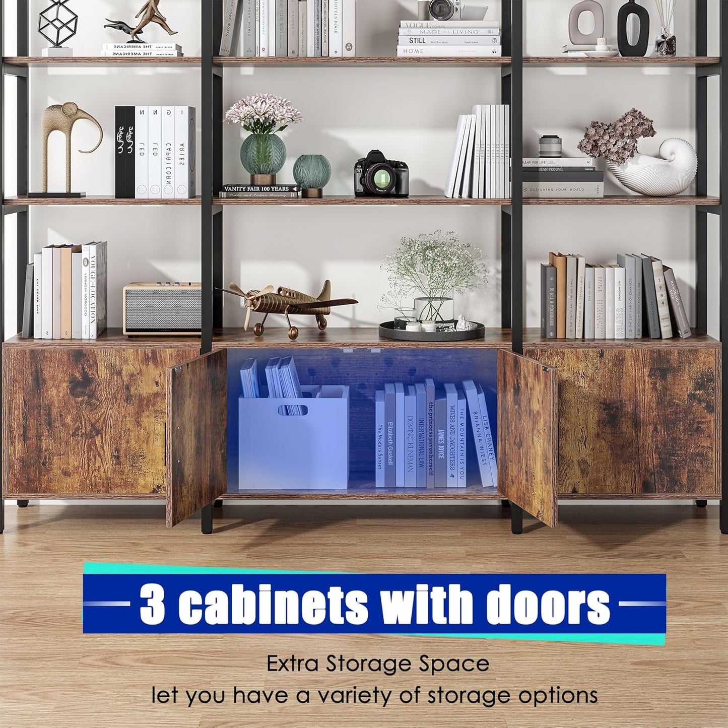 Triple Wide 5 Tier Tall Arched Bookshelf and Bookcase with 3 Cabinets, Industrial Metal Etagere Open Bookshelf, Rustic Wood Standing Book Shelf with Black Metal Frame for Bedroom Living Room