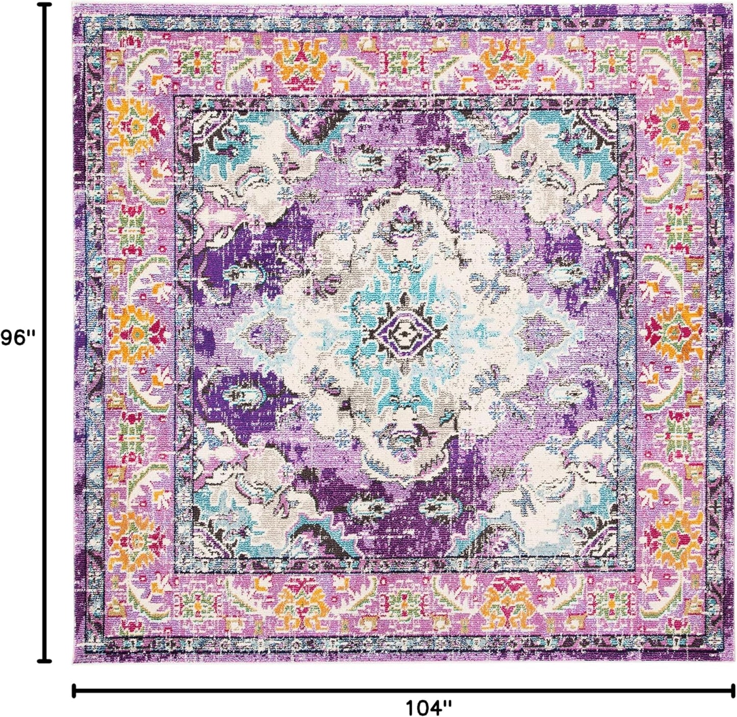SAFAVIEH Monaco Collection Area Rug - 8'8" Square, Violet & Light Blue, Boho Chic Medallion Distressed Design, Non-Shedding & Easy Care, Ideal for High Traffic Areas in Living Room, Bedroom (MNC243L)