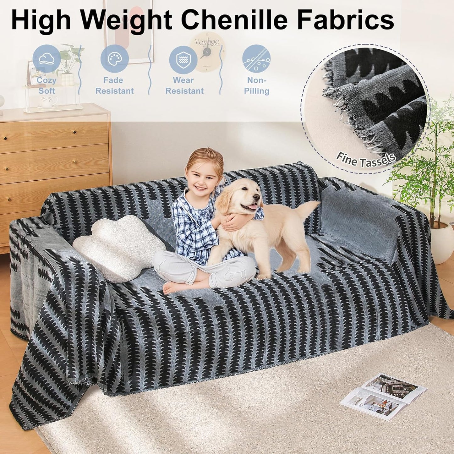 Boho Sofa Cover, Couch Covers for 3 Cushion Couch Sofa Pet Friendly, Sofa Cover Washable, Soft Chenille Living Room Couch Covers Slipcover, Pet Furniture Protecto (2# Dark Grey, 71" x 134")