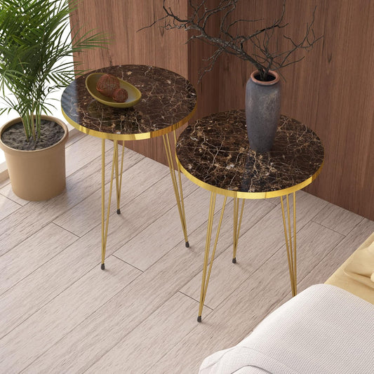 PAK HOME Set of 2 High Gloss Brown Marble Look End Tables Round Wood Sofa Side Coffee Tables for Small Spaces, Nightstand Bedside Table for Bedroom, Living Room, Office