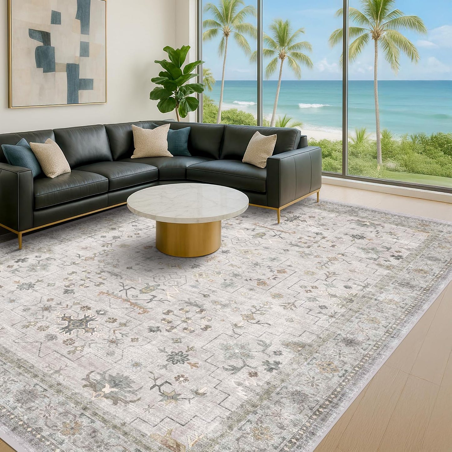 Boho Light Grey Living Room Rug 10x12 - Modern Vintage Eclectic Floral Pastel Neutral Taupe, Washable Low Pile Non-Slip Extra Large Area Rugs for Dining Under Table Bedroom Lounge