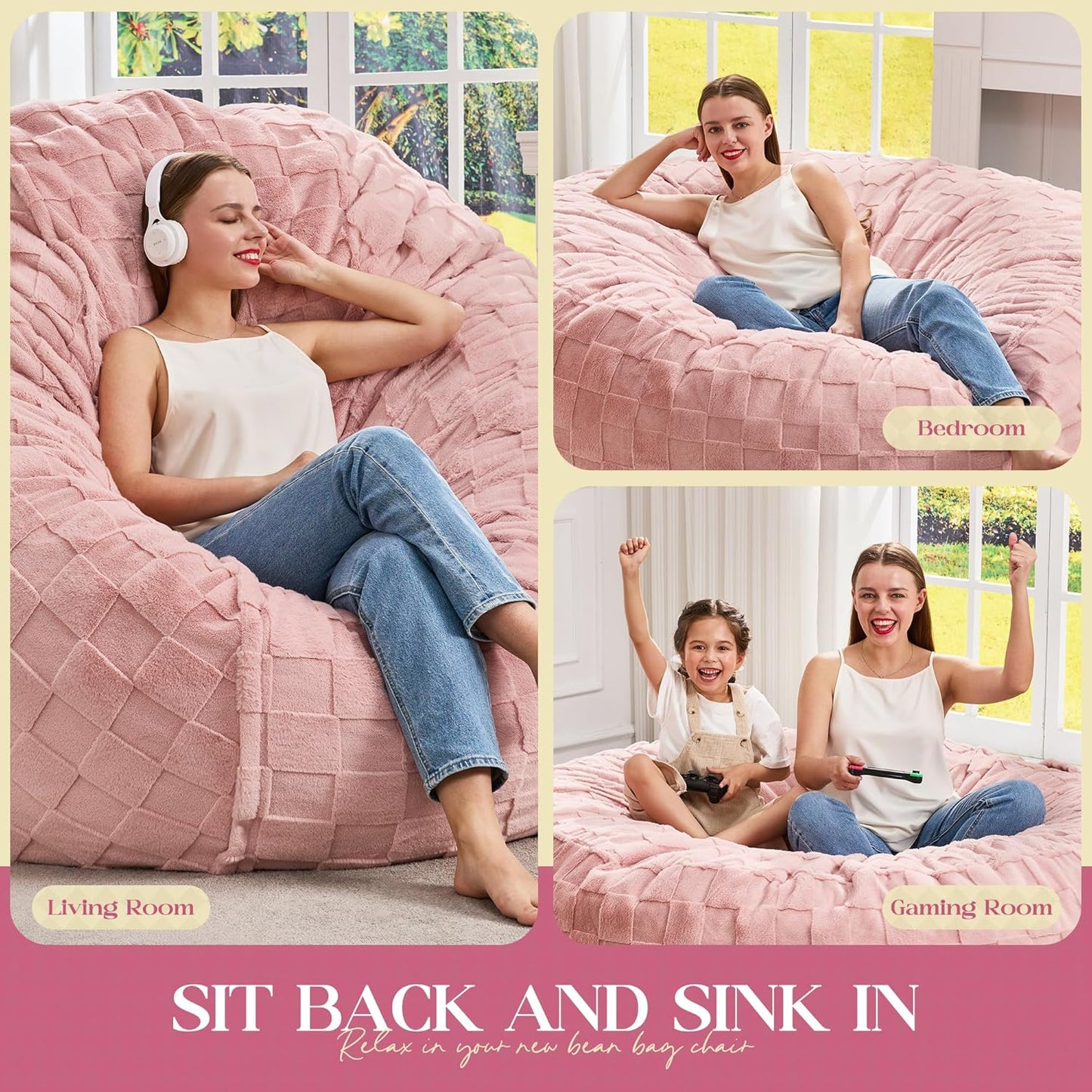 Hobestluk Bean Bag Chairs Beanbag Chair with Filler Adult Bean Bags with Fluffy Plaid Cover, Giant Bean Bag Chairs for Adults for Living Room, Bedroom (Pink, 3FT - 36” x 36” x 22”)