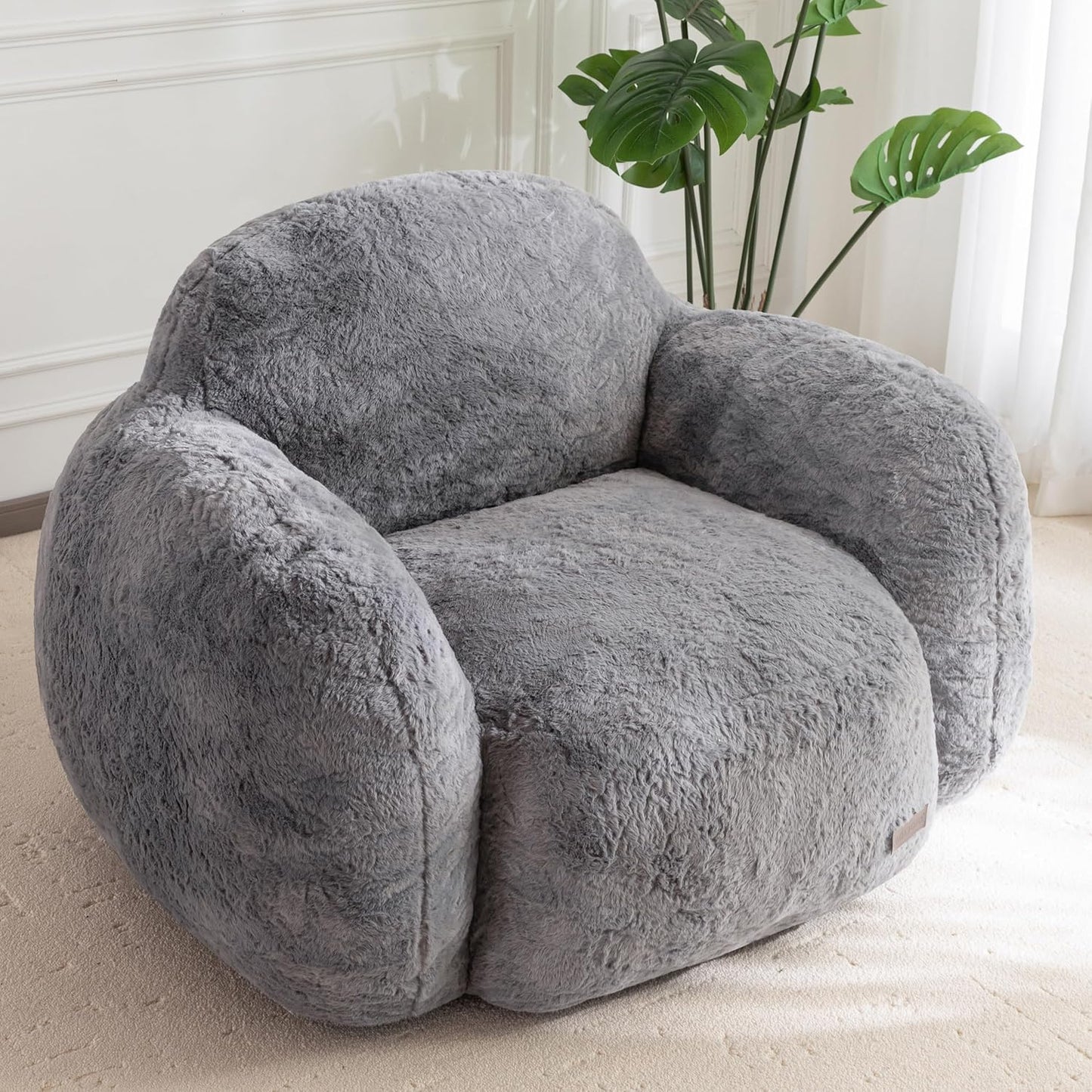 MAXYOYO Bean Bag Chair, Comfy Pebble Shaped Single Bean Bag Sofa for Adults, Stuffed Floor Sofa with Supportive Backrest & Armrests, Modern Faux Fur Accent Chair for Living Room & Bedroom, Grey