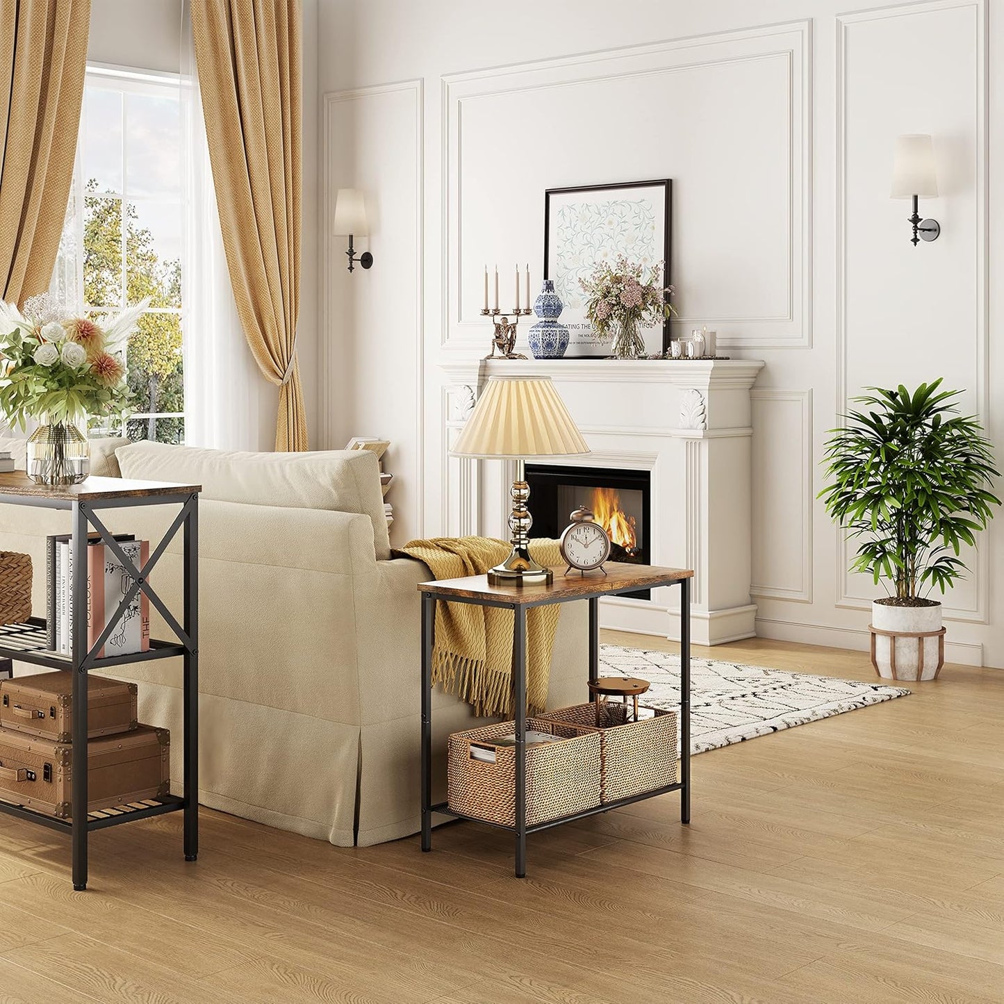 Hoctieon 2 Tier End Table, Sofa Side Table, Narrow Side Table with Storage, Slim Nightstand for Small Spaces, Metal Frame, for Living Room, Bedroom, Sofa Couch, Hall, Rustic Brown, 2 Set