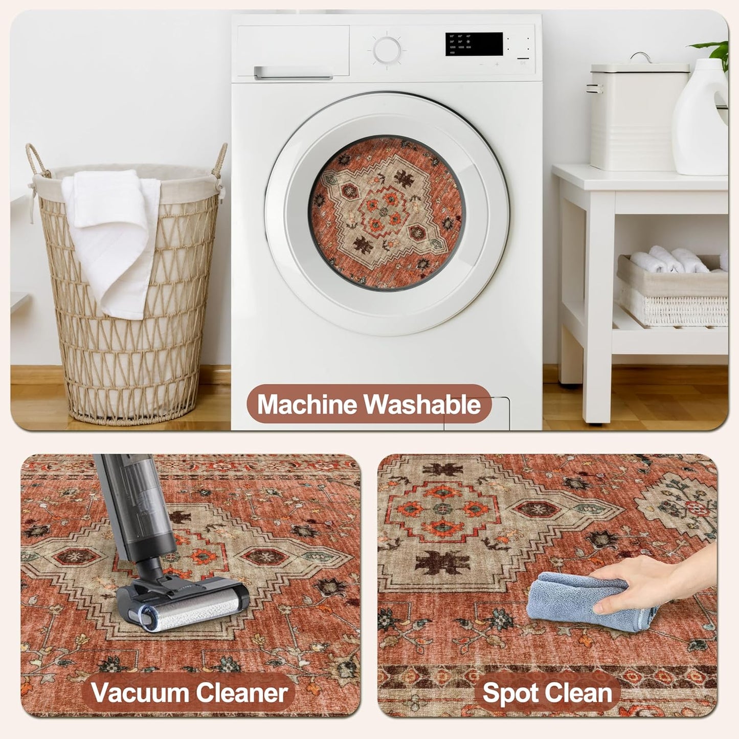 Boho Small Area Rug, 2x3 Washable Rug for Entryway, Vintage Throw Rug Oriental Non Slip Indoor Front Door, Distressed Terracotta Door Mat Carpet, Soft Low Pile Rugs for Entrance Kitchen Bedroom