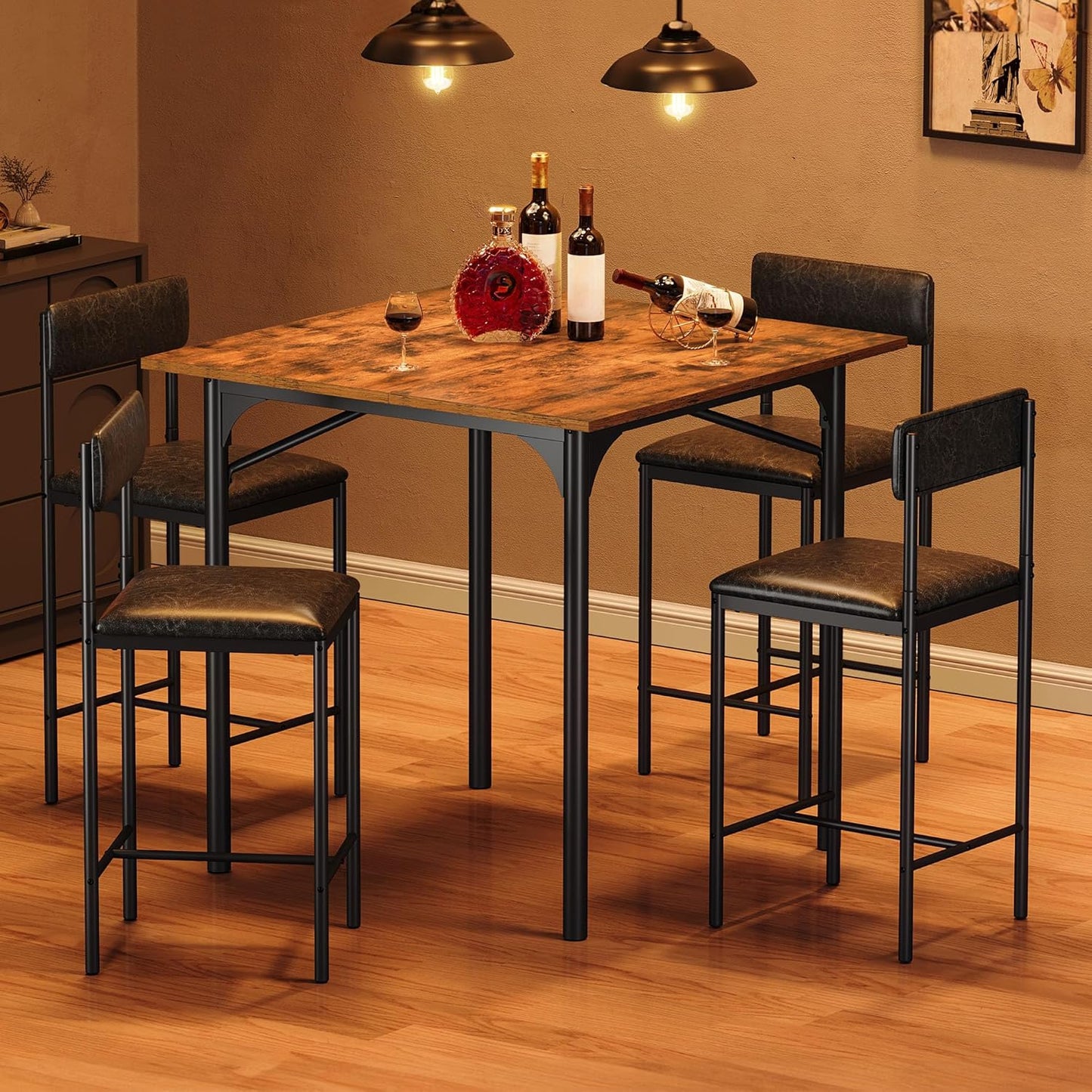 DWVO 5-Piece Dining Room Table Set Bar Table and Chairs Set Counter Height Dining Table Set Industrial High Top Kitchen Table with 4 Barstools for Kitchen Living Room Restaurant Bar Small Spaces Brown