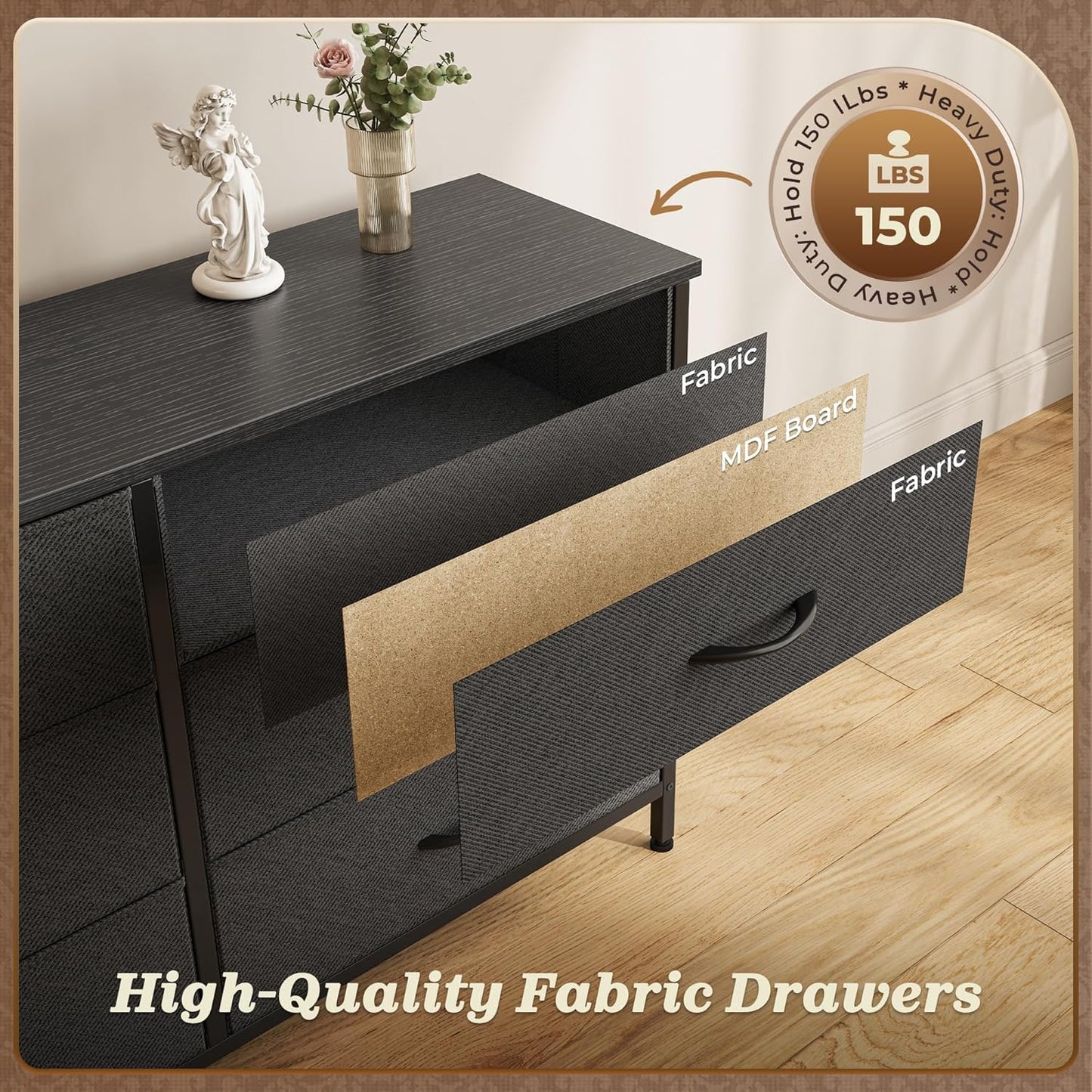 Huuger 70 Inch Black Dresser for Bedroom, TV Stand for 65, 75, 80 Inch TV, 13 Fabric Drawer Long Dresser, Wide Chest of Drawer, Storage Units for Bedroom
