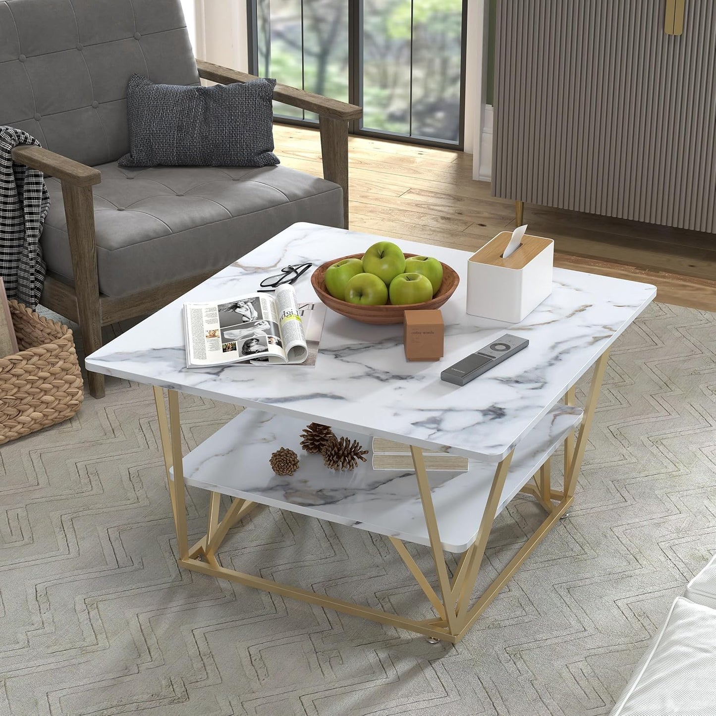 Elephance Square Coffee Table for Living Room, 31.5 Inch Modern Coffee Table with Storage, 2-Tier White and Gold, Wooden Tabletop-Marble White with Gold Frame