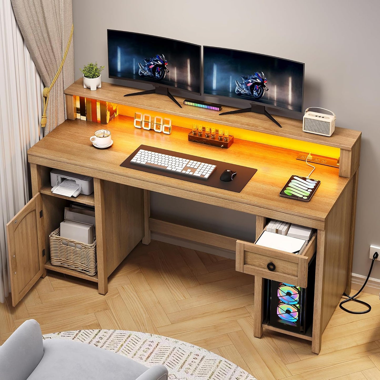 DWVO Farmhouse Office Desk with Drawer & Power Outlets, Rattan Computer Desk w/LED Strip & Monitor Stand for Bedchamber Study, Home Office Table w/Storage Cabinet for Working Writing Gaming (Oak)