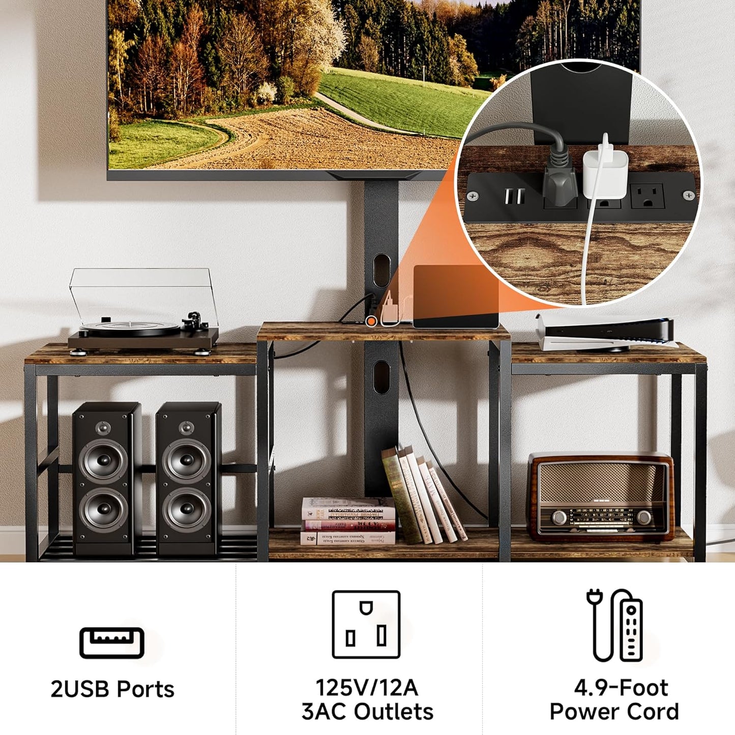 Aquzee TV Stand with Mount for up to 75 inch with Power Outlet, 58”W Wood Entertainment Center with Record Player Storage for 50 55 60 65 70 75 inch TV, Height Adjust Swivel Mounted Television Stand