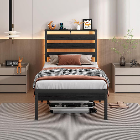 14 Inch Classic Metal Platform Bed Frame-Twin Bed Frame with Headboard,Steel Slats Support-LED Bed Frame with USB Charging Station,Under Bed Storage,No Box Spring Needed,Noise Free