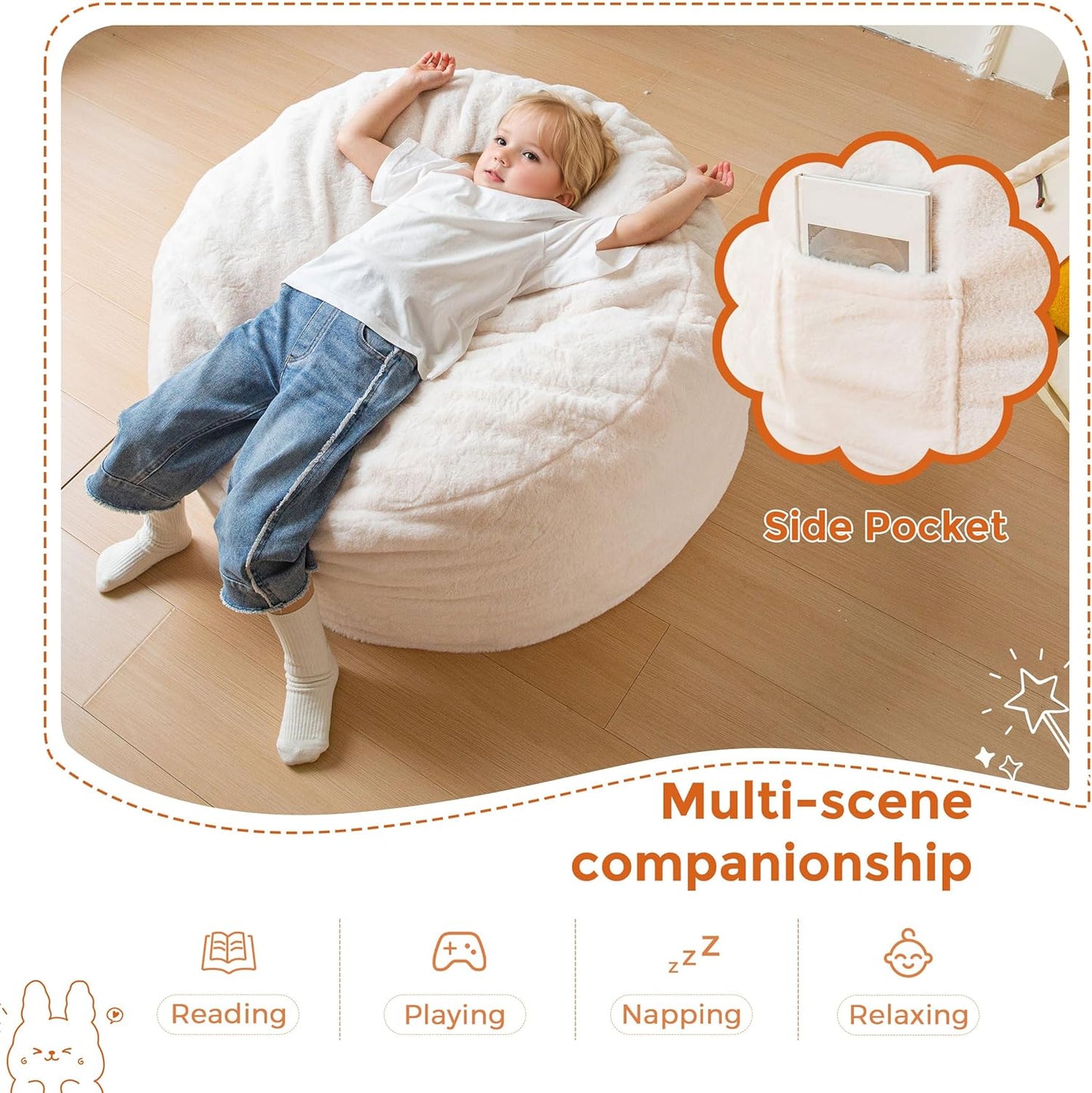 MAXYOYO Kids Bean Bag Chair, Stuffed Faux Fur Bean Bag for Toddler, Ultra Soft Floor Sofa with High-Density Foam Filling, Lazy Chair for Living Room, Playroom, Nursery Room