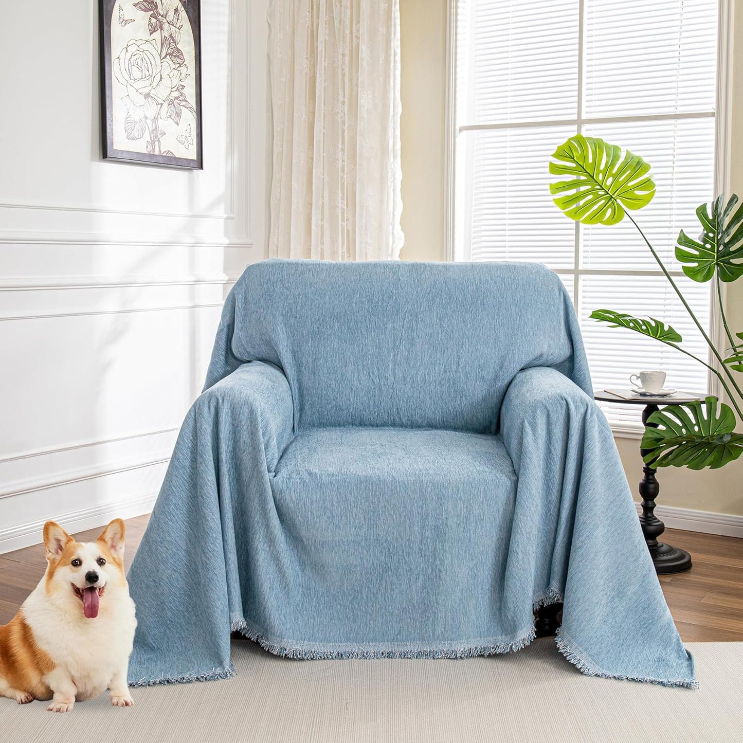 MYSKY HOME Oversized Armchair Couch Cover for 1 Cushion Couch, Washable Sofa Protector, Chair Couch Covers with Tassel Sofa Covers Sofa Throws Sofa Slipcovers Futon Cover for Pet, Kid, 71"X91", Blue