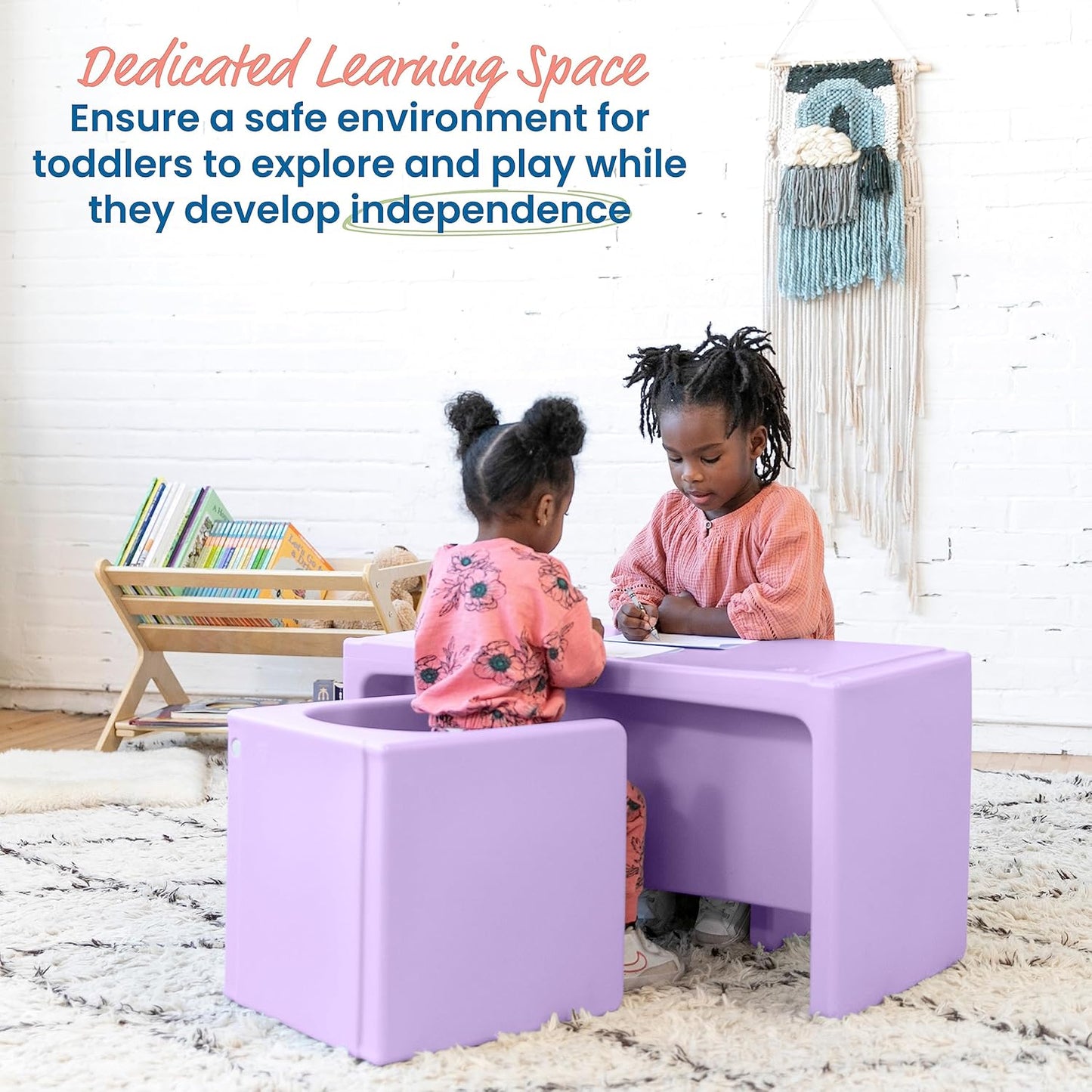 ECR4Kids Tri-Me Table and Cube Chair Set, Multipurpose Furniture, Light Purple, 3-Piece