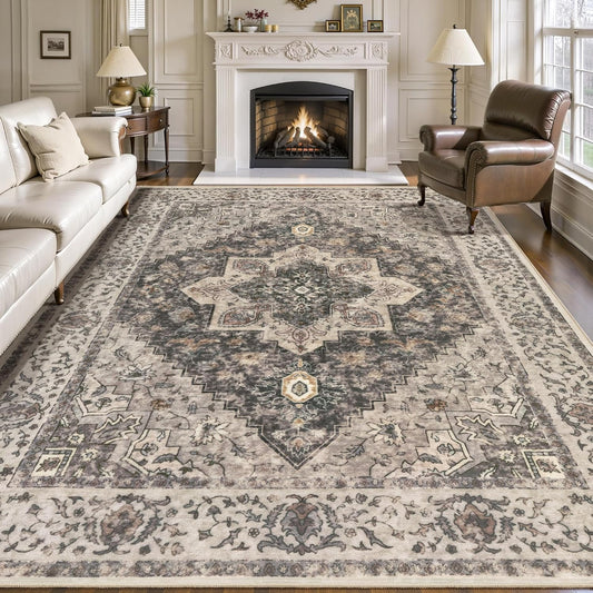 Tangsoo 8x10 Area Rugs for Living Room, 8x10 Washable Rug Vintage Indoor Non Slip Large Area Rugs, Print Distressed Brown/Grey Carpet, Soft Low Pile Foldable Floor for Bedroom Dining Room Dorm
